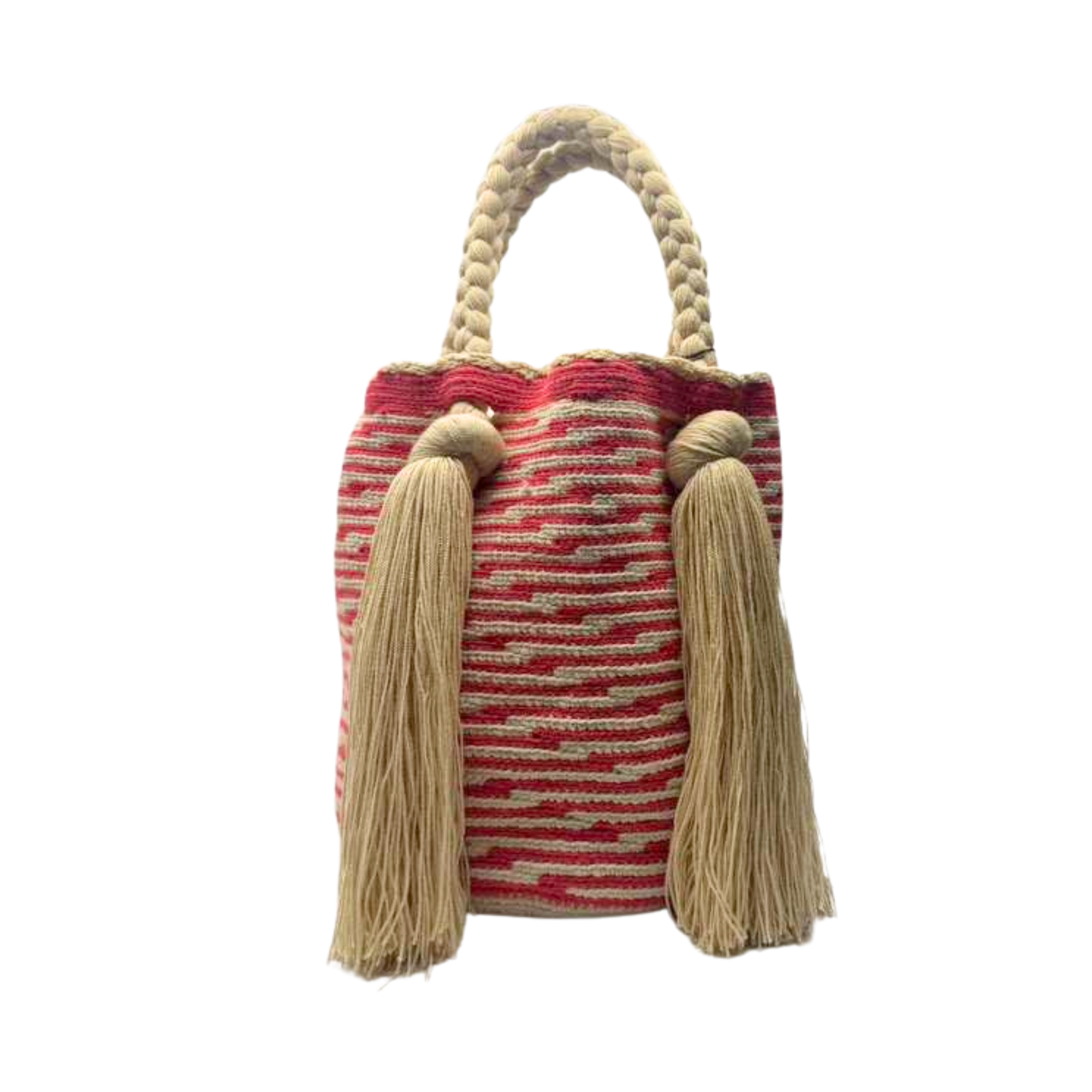 Large Colombian Wayuu Mochila Braided | Handmade | Beige and Pink