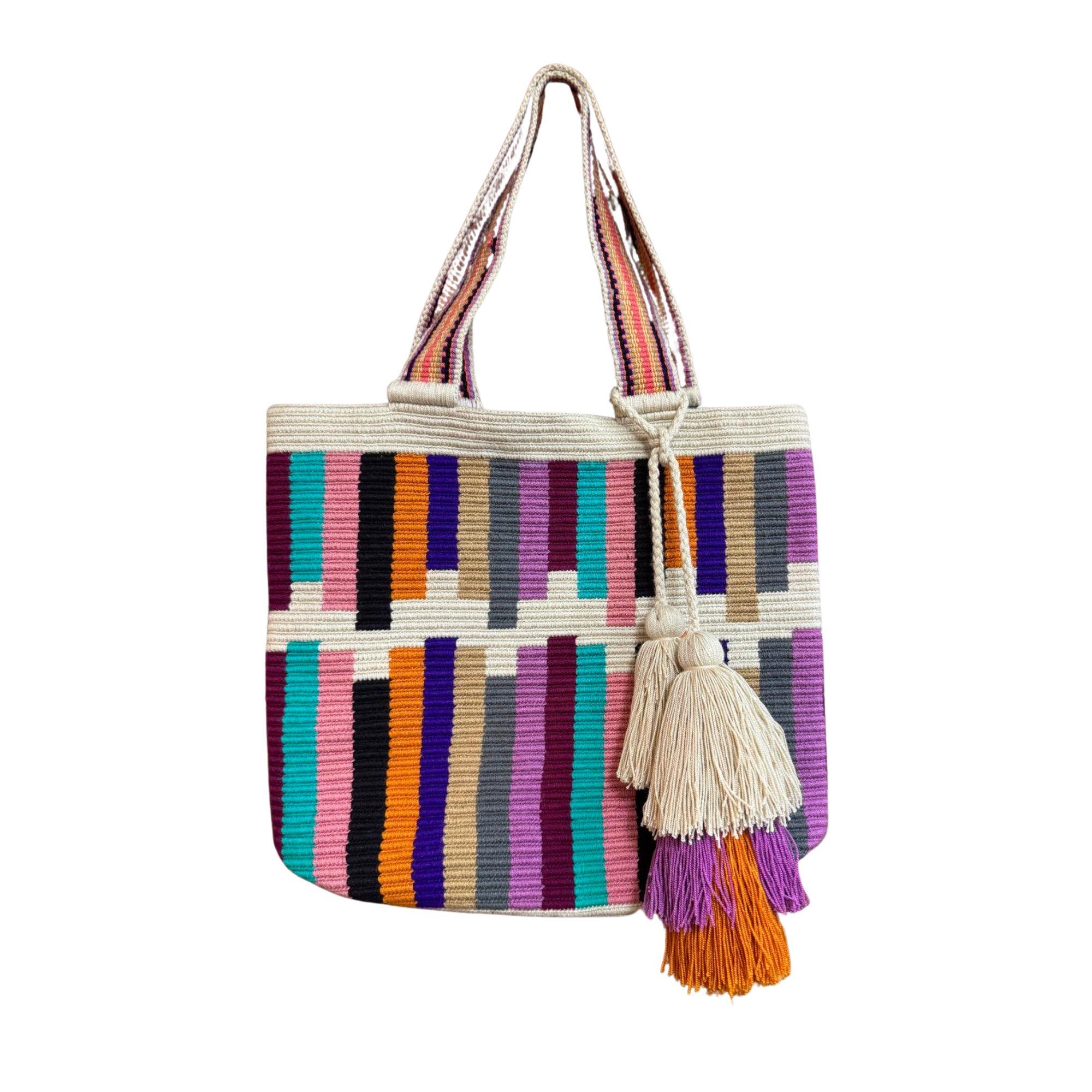 X-Large Colombian Wayuu Mochila Tote Bag | Handmade | Beige, multicolor lines