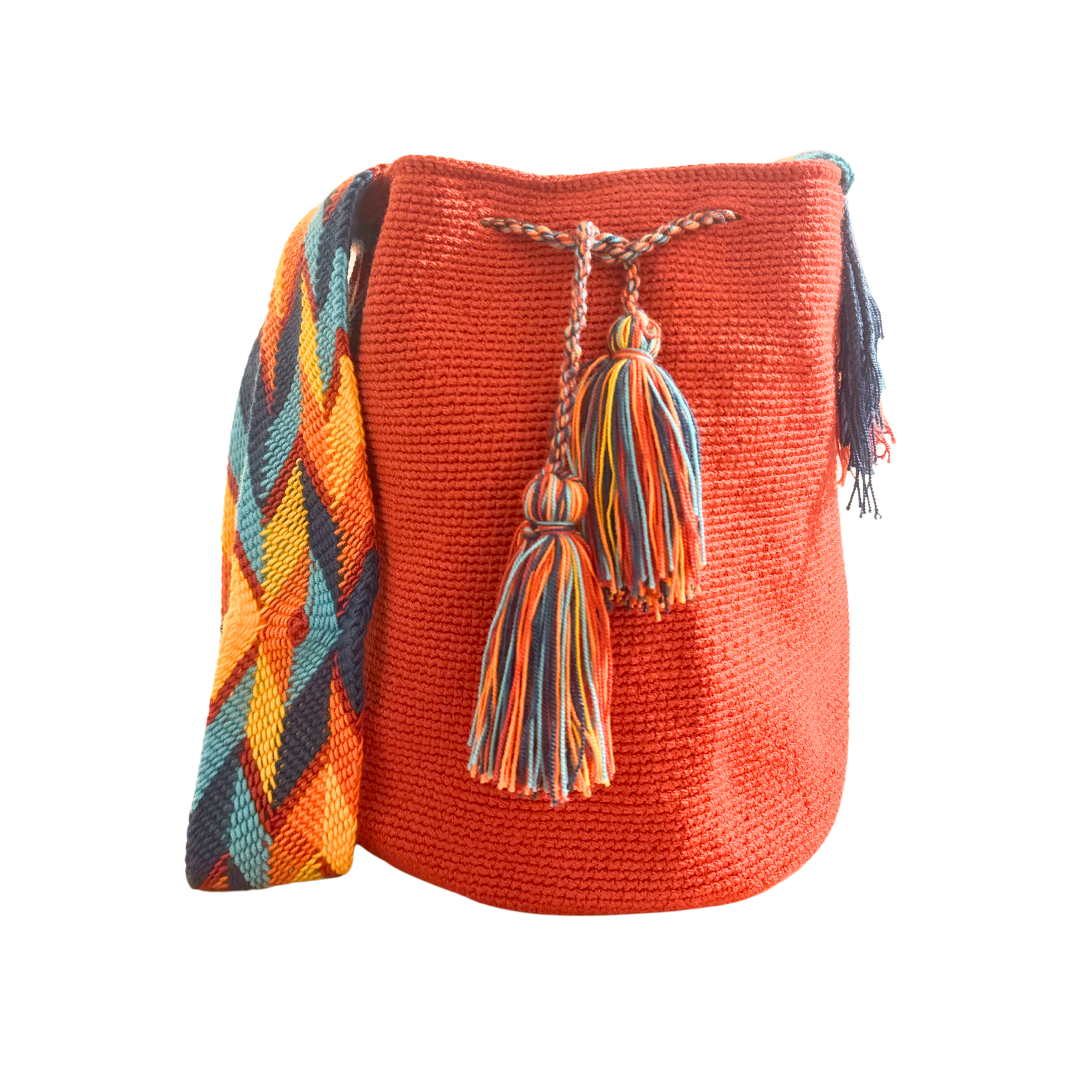 Large Unicolor Wayuu Mochila Bag Salmon Orange with sunset strap