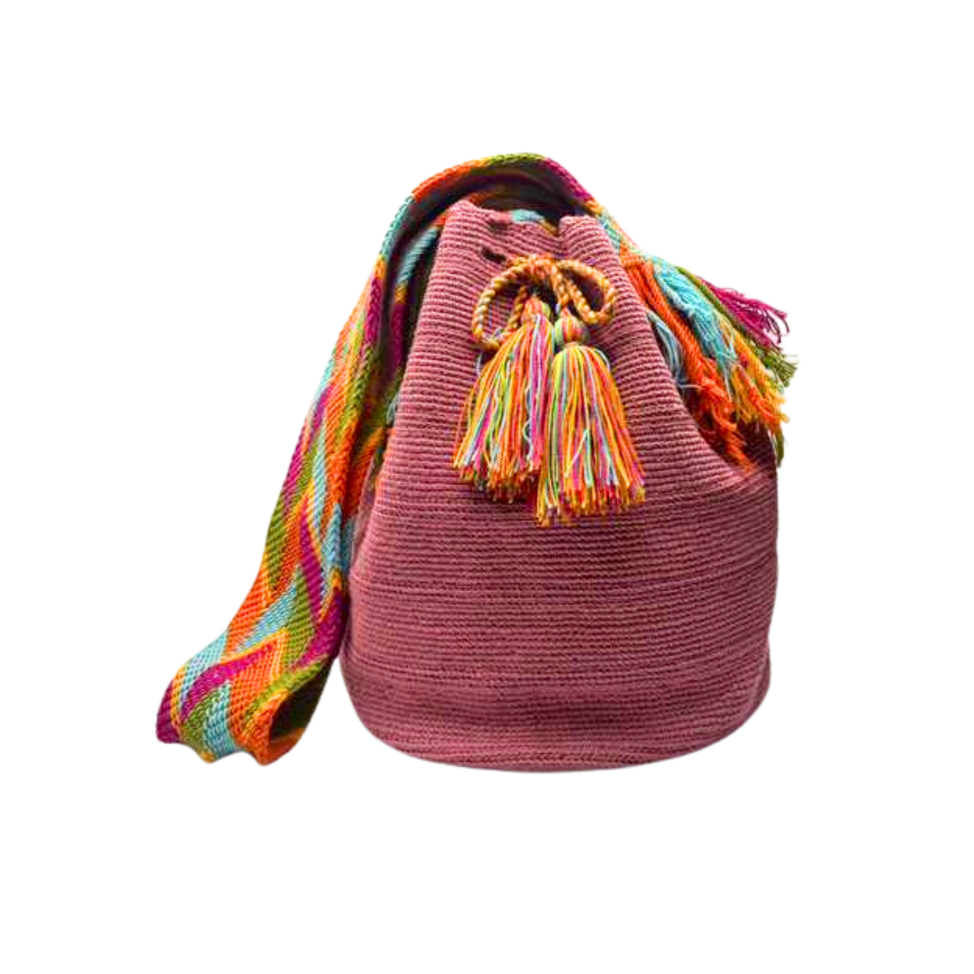 Large Unicolor Wayuu Mochila Bag | Pink and colorful strap| Handmade in Colombia