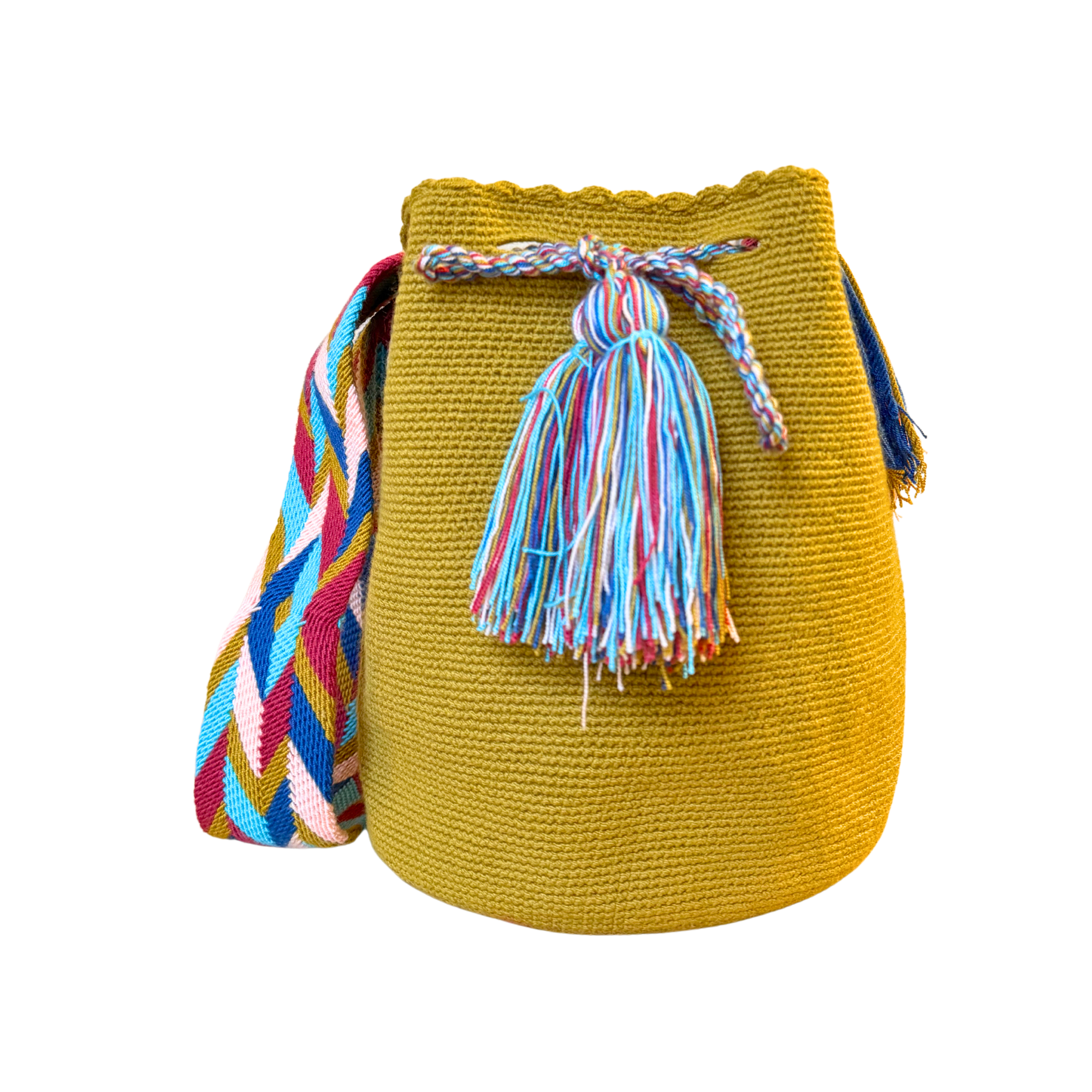 Large Unicolor Wayuu Mochila Bag | Mustard colorful strap | Handmade in Colombia
