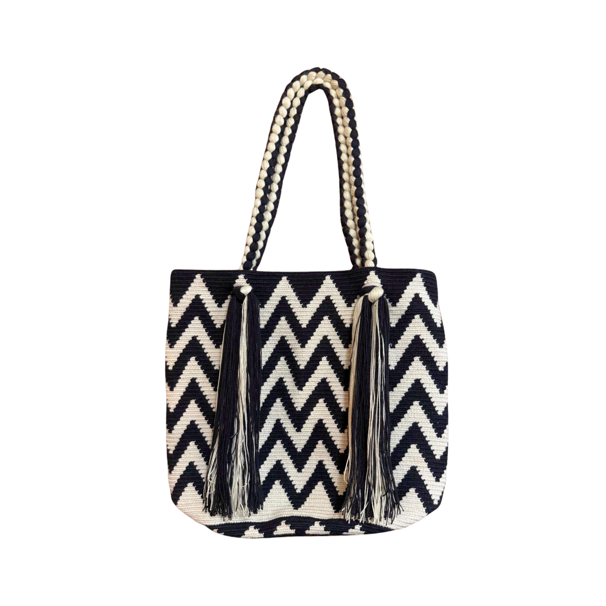 X-Large Colombian Wayuu Mochila Tote Bag | Handmade | Zig Zag Beige and Black