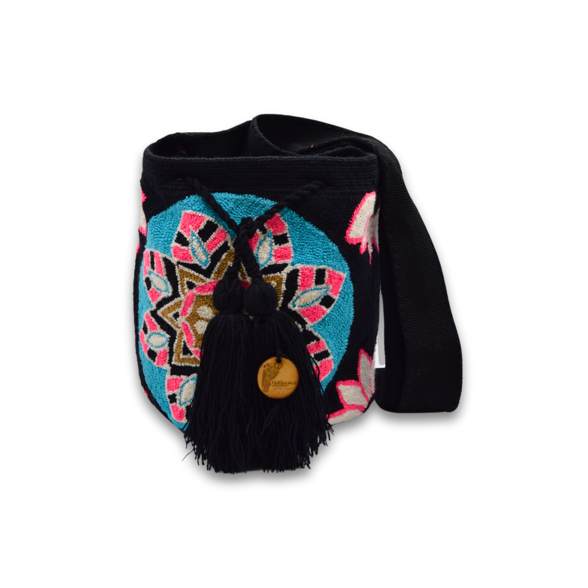 Medium Black pink neon flower Tapizada Wayuu Mochila Bag | Lined Punch Needle Crossbody Shoulder Bag | Handmade in Colombia