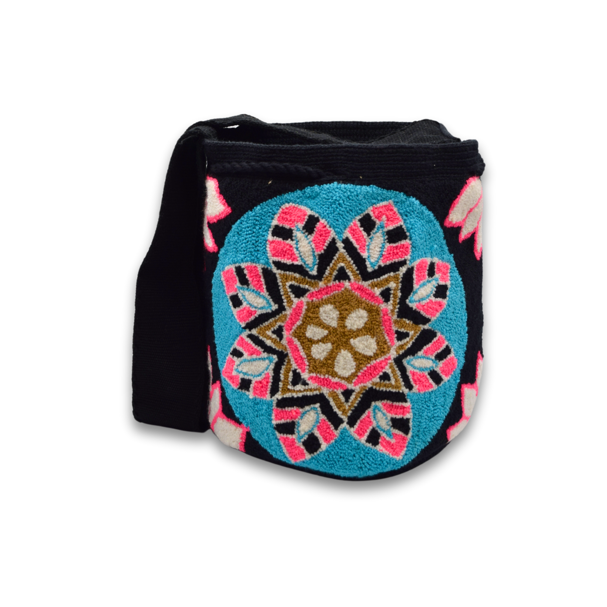 Medium Black pink neon flower Tapizada Wayuu Mochila Bag | Lined Punch Needle Crossbody Shoulder Bag | Handmade in Colombia