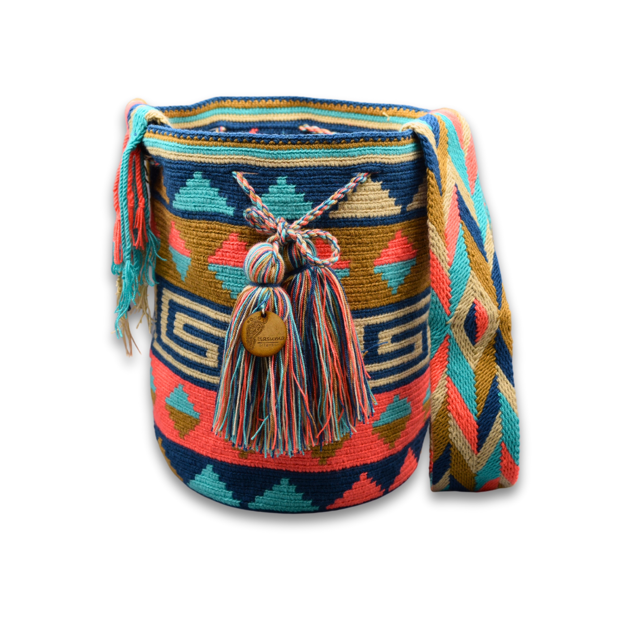 Large Authentic Colombian Wayuu Mochila Bag | Blue triangles