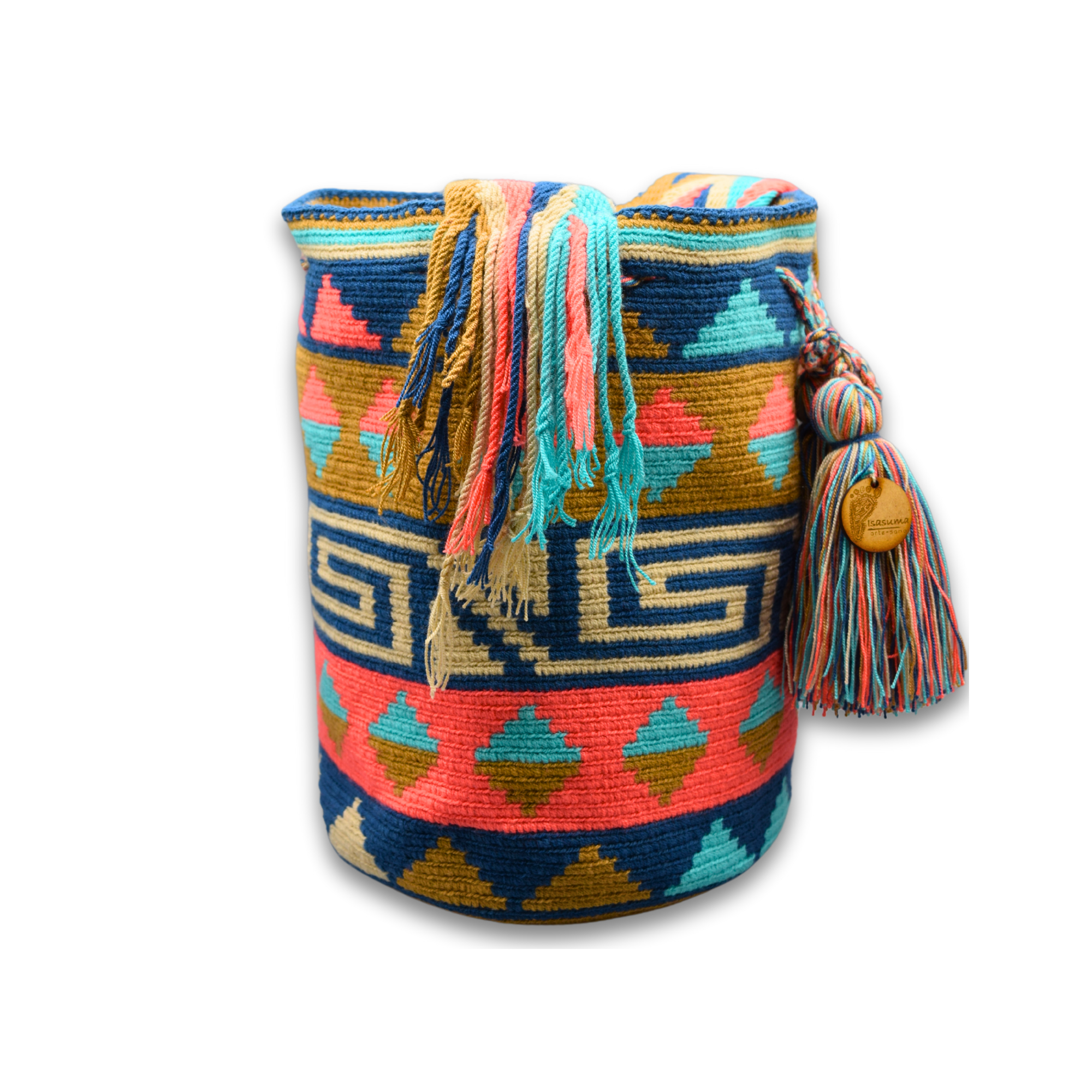 Large Authentic Colombian Wayuu Mochila Bag | Blue triangles