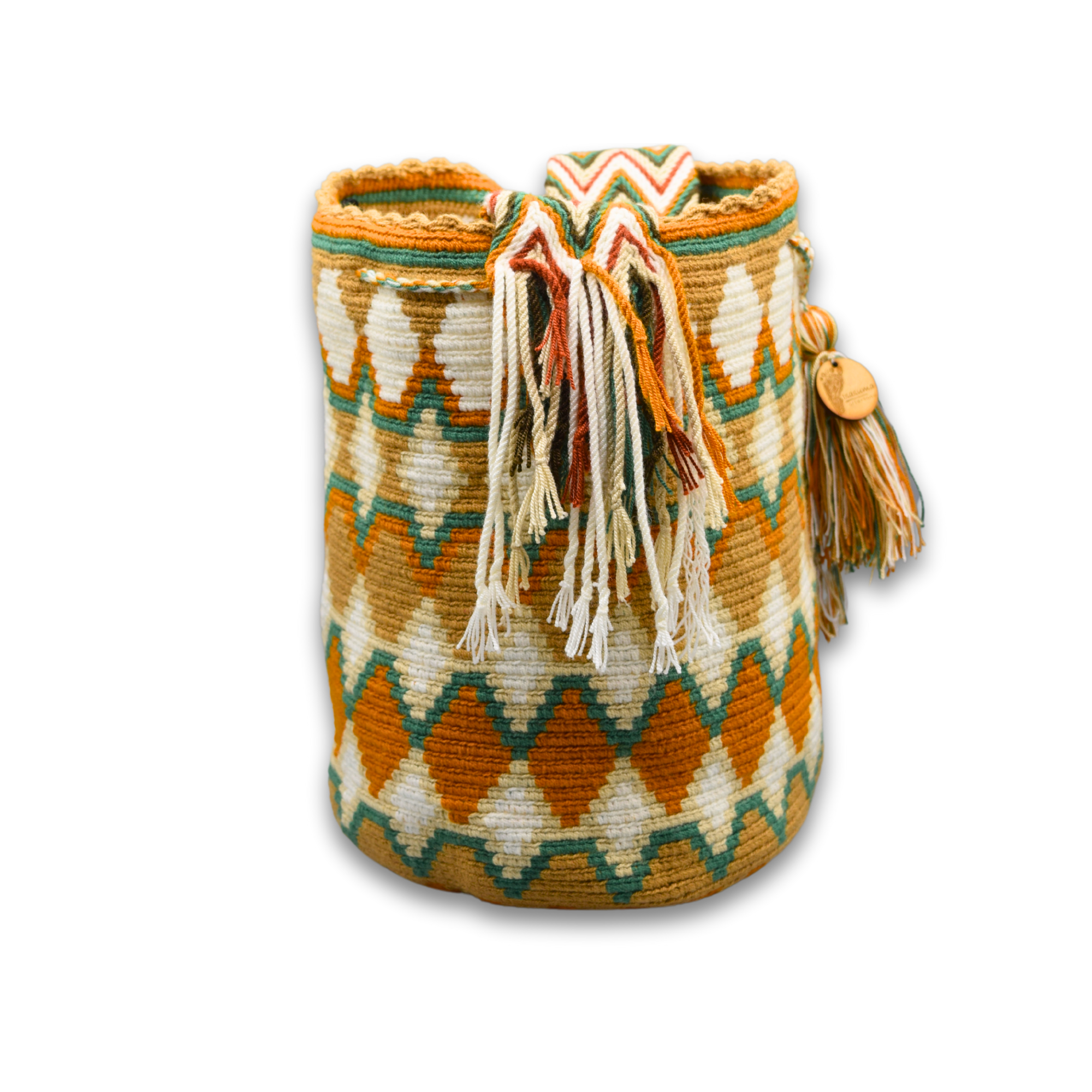 Large Authentic Colombian Wayuu Mochila Bag | Golden Beige and green Triangles