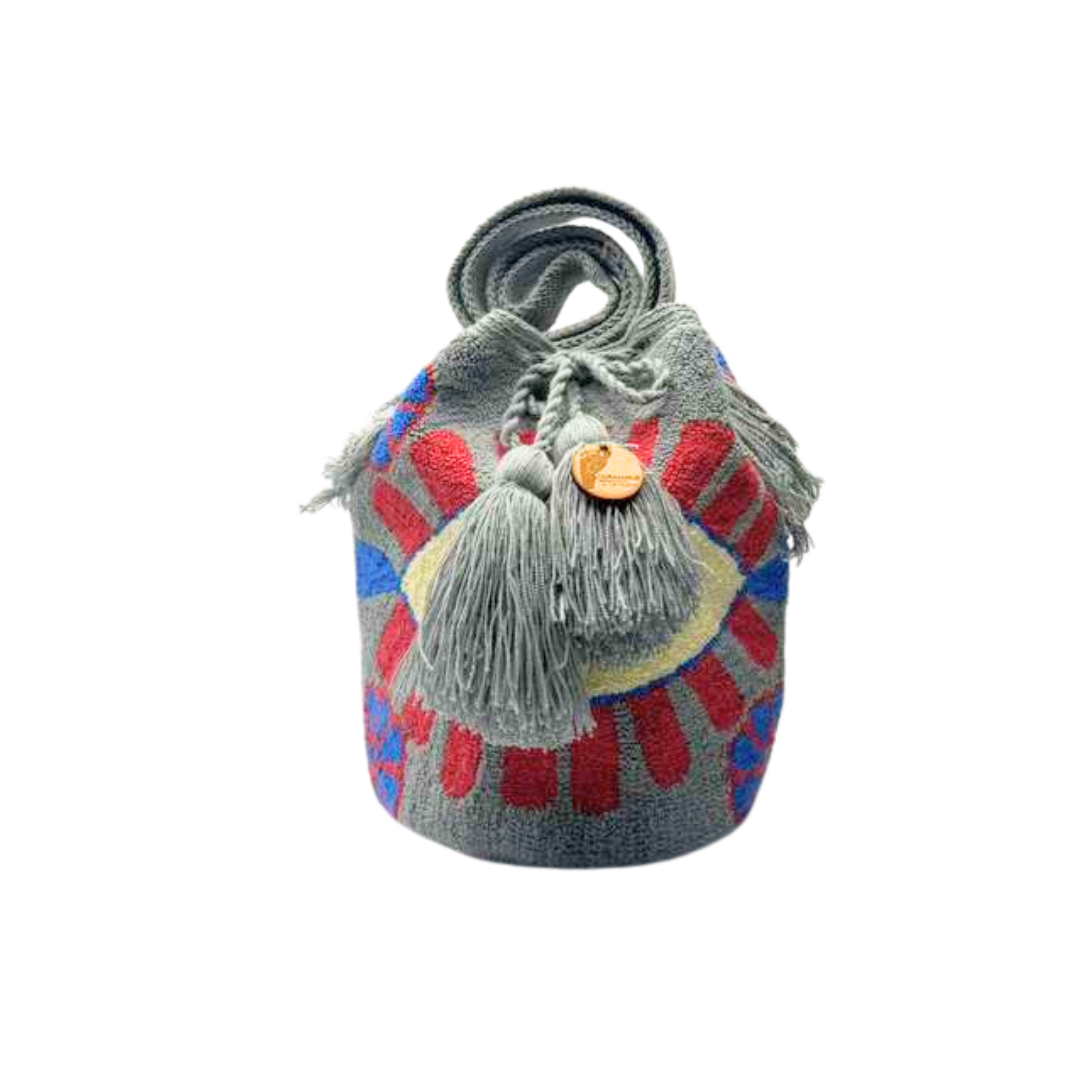 Medium Gray Fucsia eye Tapizada Wayuu Mochila Bag | Lined Punch Needle Crossbody Shoulder Bag | Handmade in Colombia