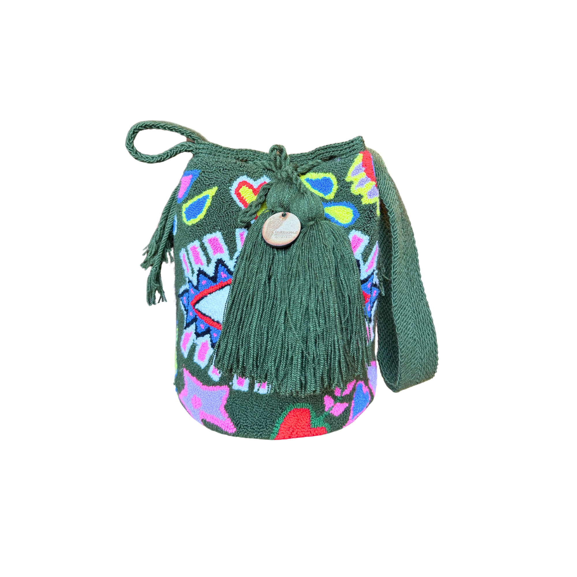 Medium Green army Green iris Tapizada Wayuu Mochila Bag | Lined Punch Needle Crossbody Shoulder Bag | Handmade in Colombia