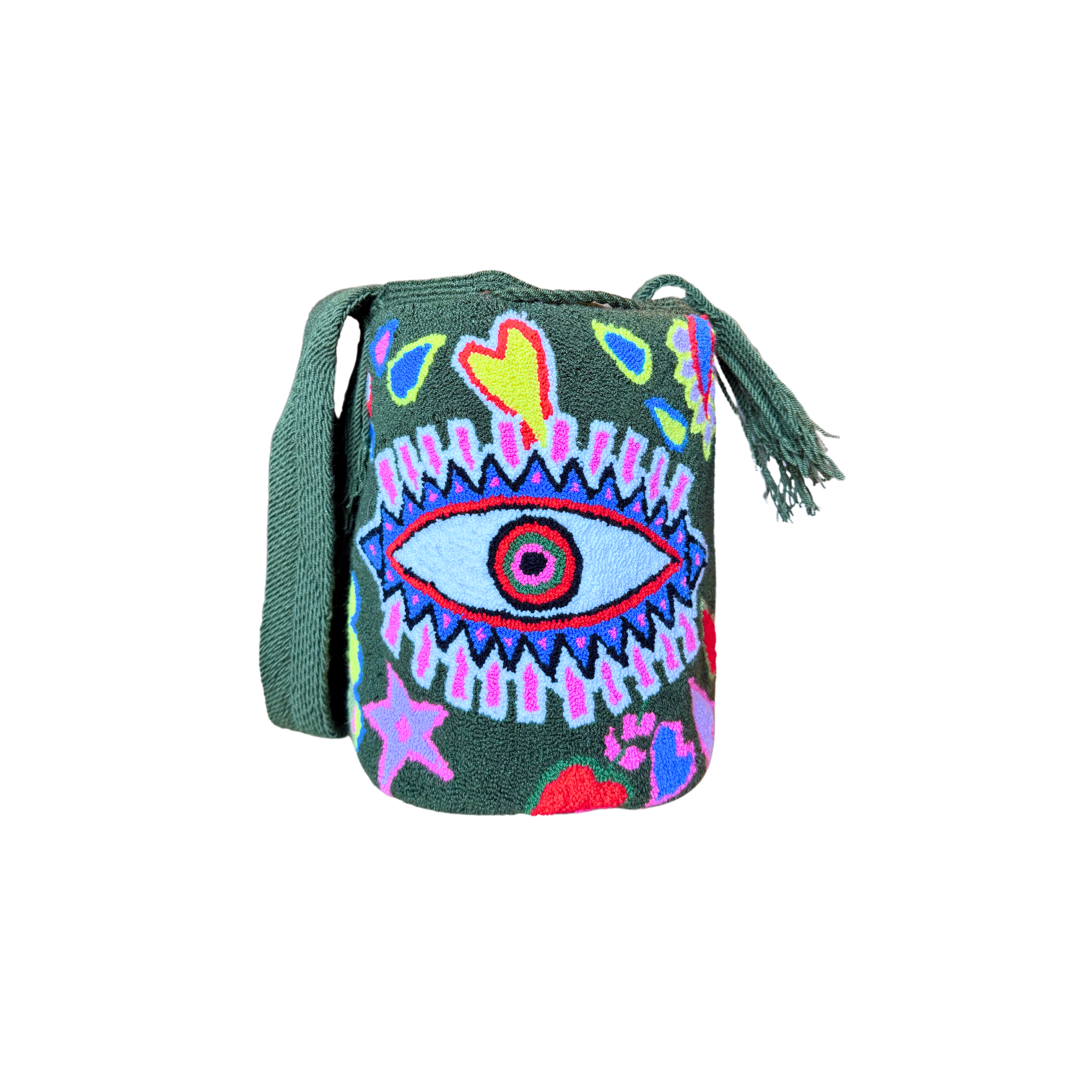 Medium Green army Green iris Tapizada Wayuu Mochila Bag | Lined Punch Needle Crossbody Shoulder Bag | Handmade in Colombia