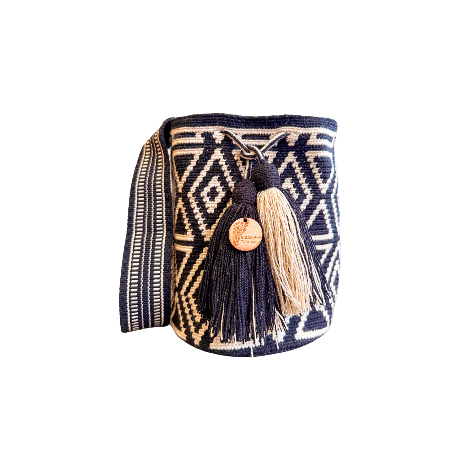 Wayuu mochila bag | Medium Woven Crossbody Handmade Gorrito Mochila | Black and Beige Rhombuses