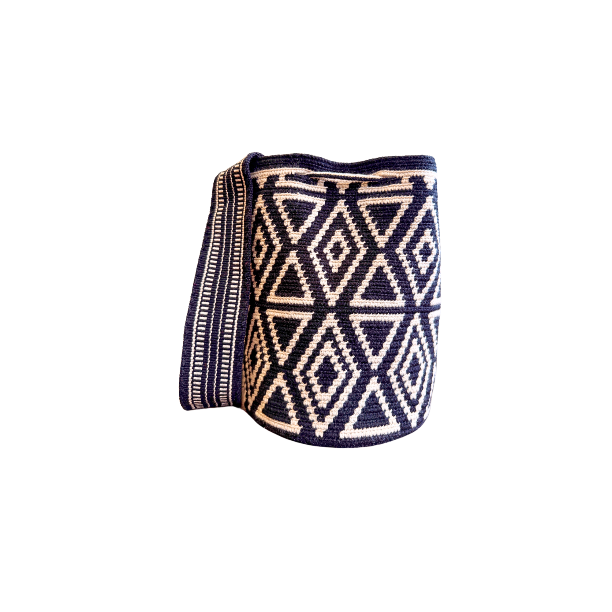 Wayuu mochila bag | Medium Woven Crossbody Handmade Gorrito Mochila | Black and Beige Rhombuses