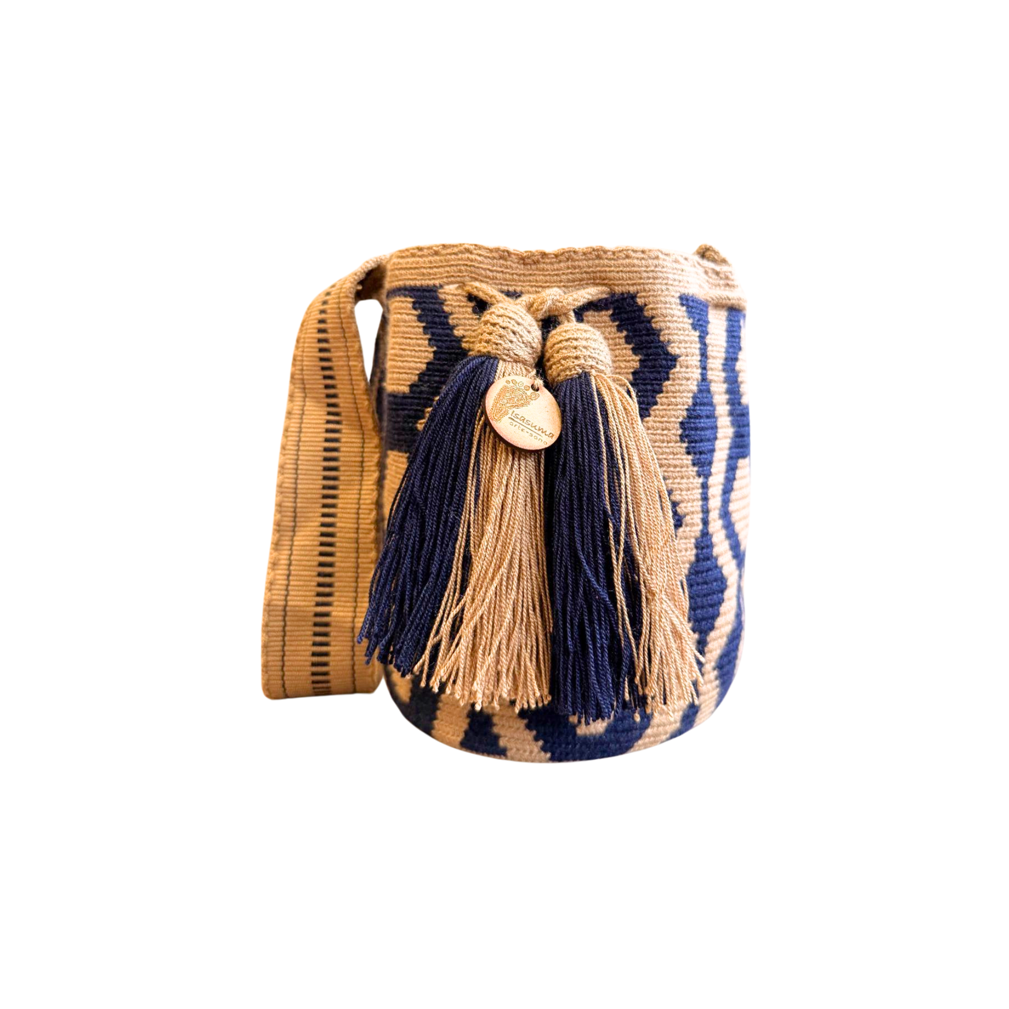 Wayuu mochila bag | Medium Woven Crossbody Handmade Gorrito Mochila | Beige and Blue Rhombi