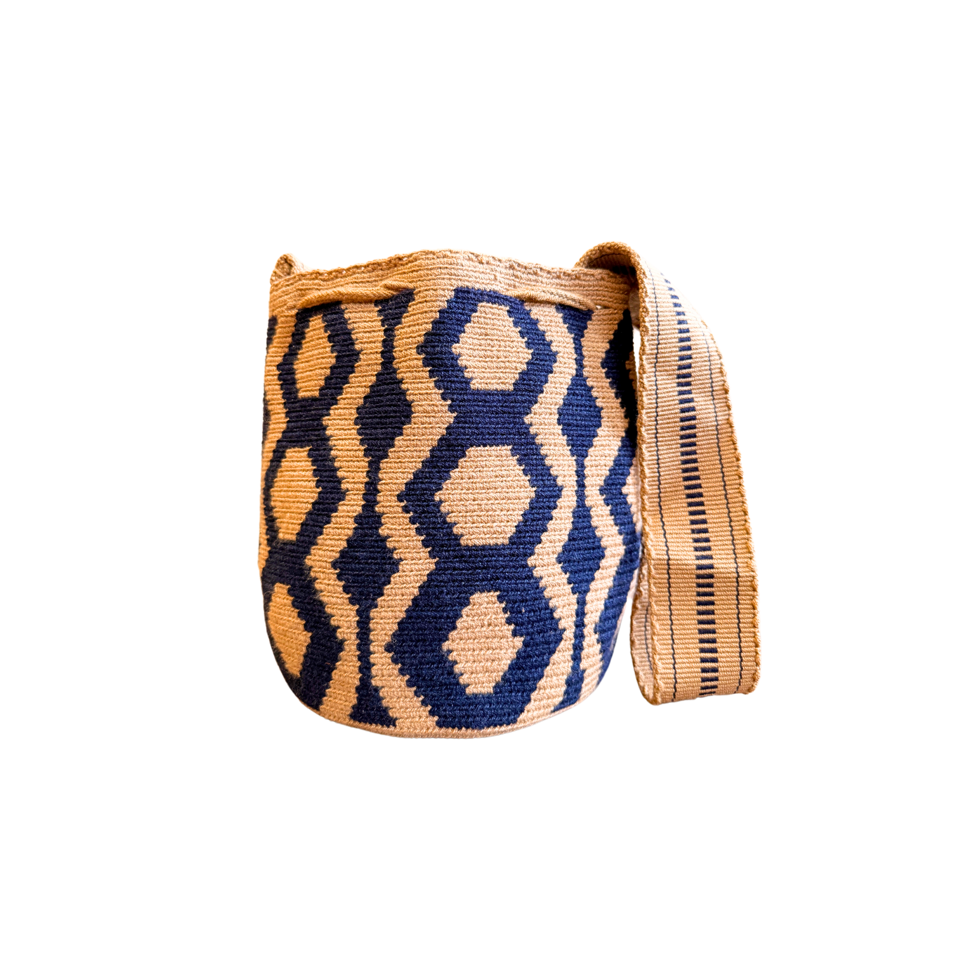 Wayuu mochila bag | Medium Woven Crossbody Handmade Gorrito Mochila | Beige and Blue Rhombi