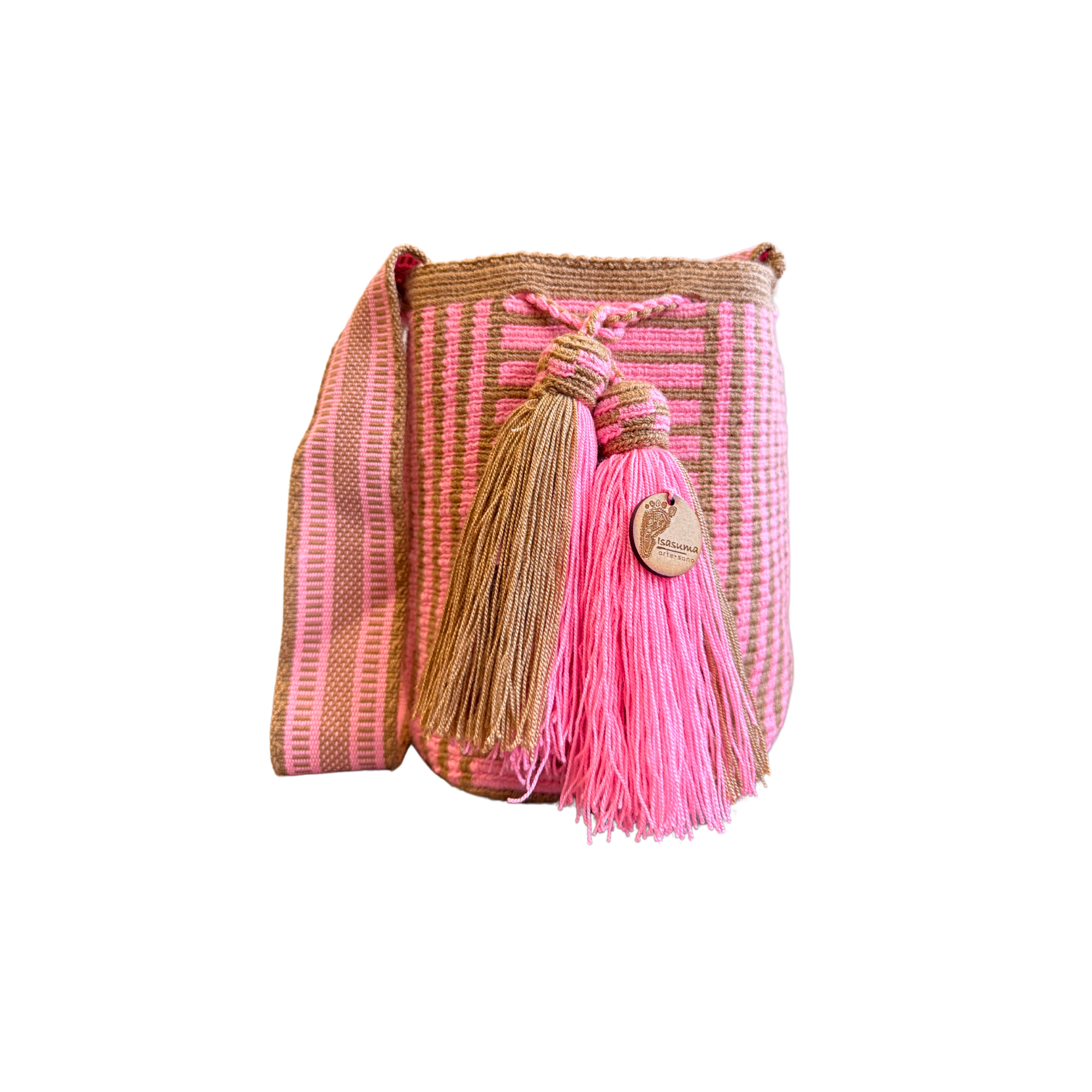 Wayuu mochila bag | Medium Woven Crossbody Handmade Gorrito Mochila | Pink and Light Brown
