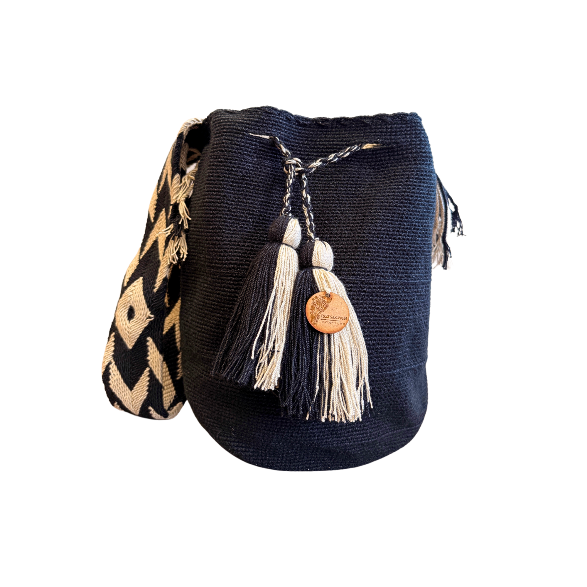 Large Unicolor Wayuu Mochila Bag | Black and Beige Tassels | Handmade in Colombia