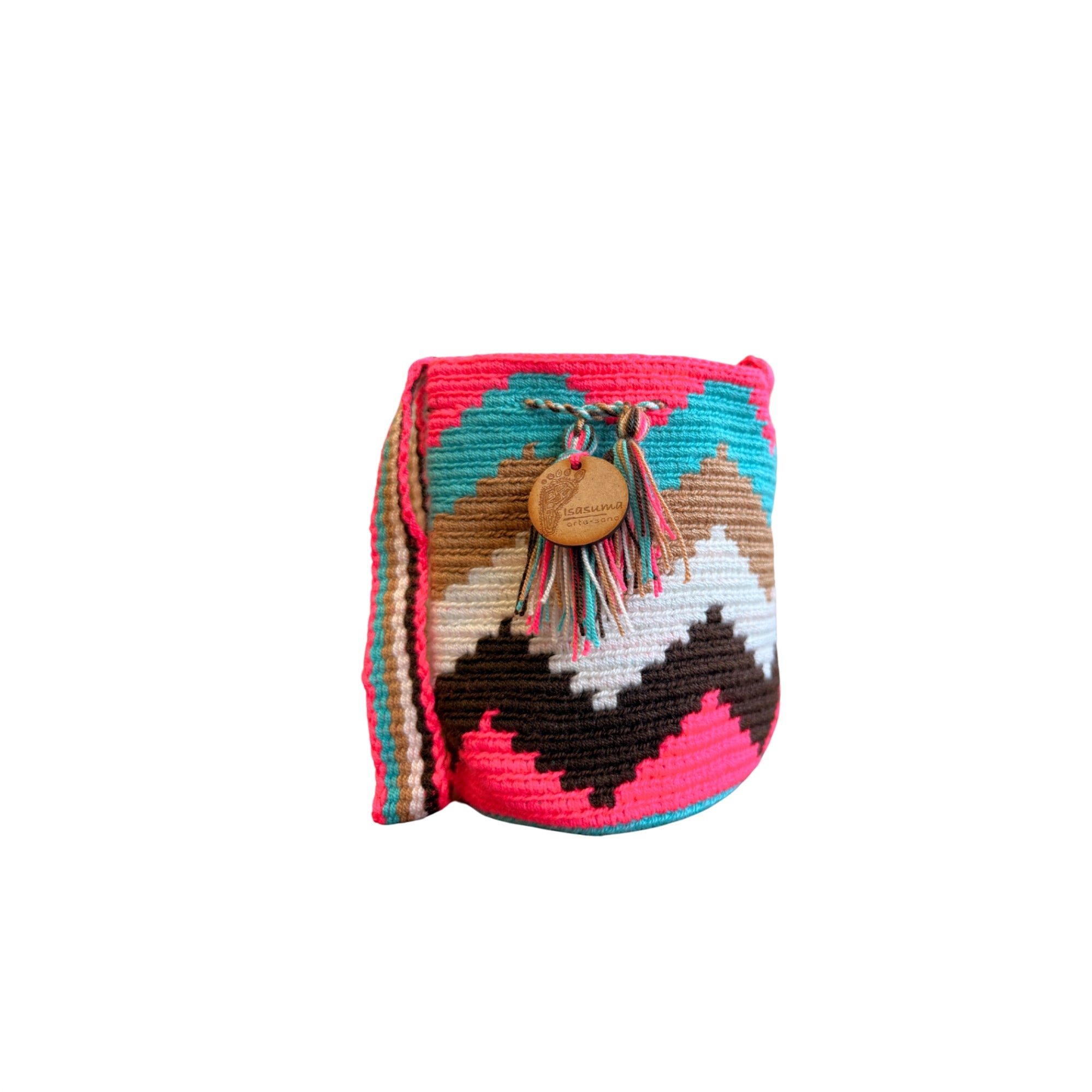 Mini Traditional Wayuu Mochila Bag | Woven Crossbody | Handmade | Pink, Teal and White Zig Zag