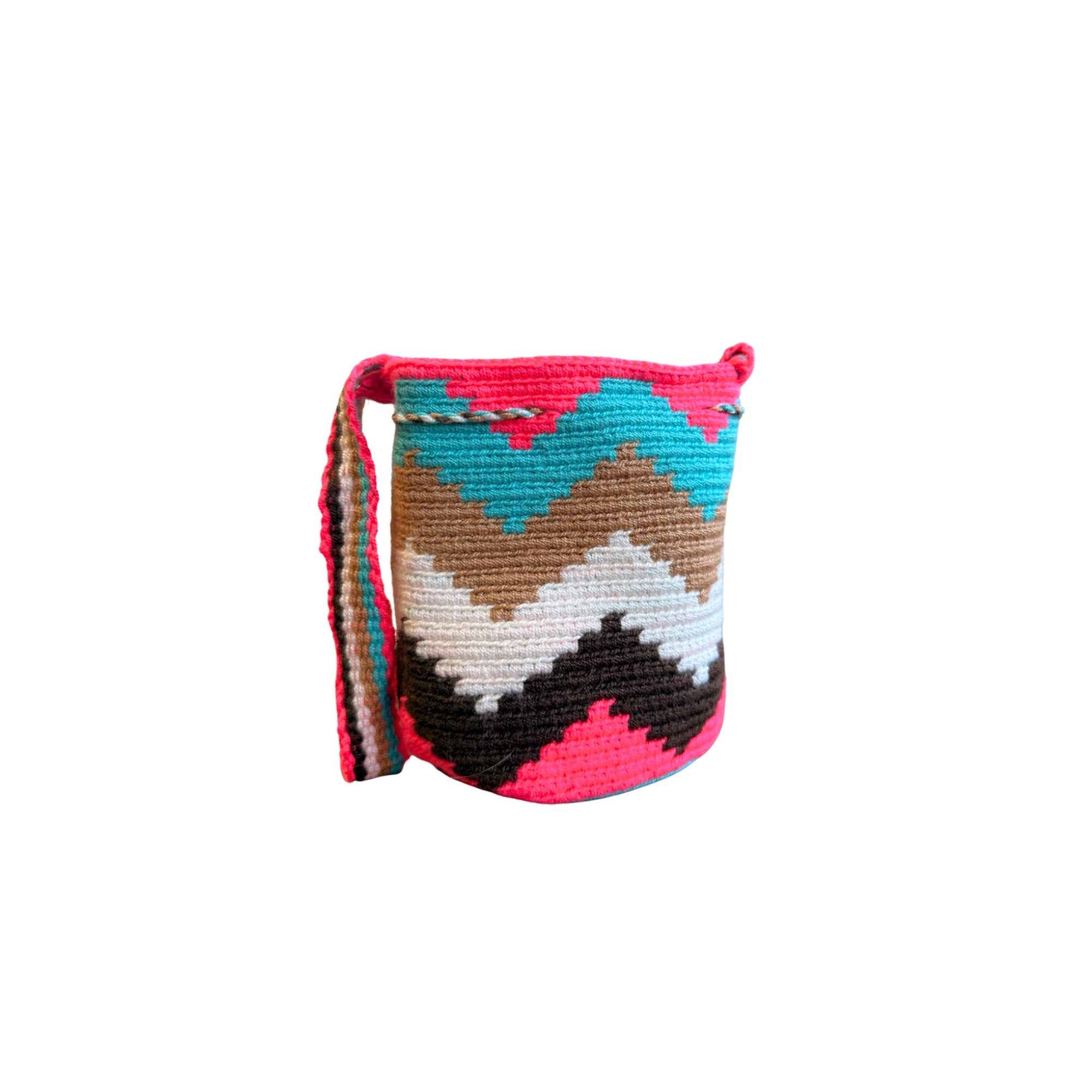 Mini Traditional Wayuu Mochila Bag | Woven Crossbody | Handmade | Pink, Teal and White Zig Zag