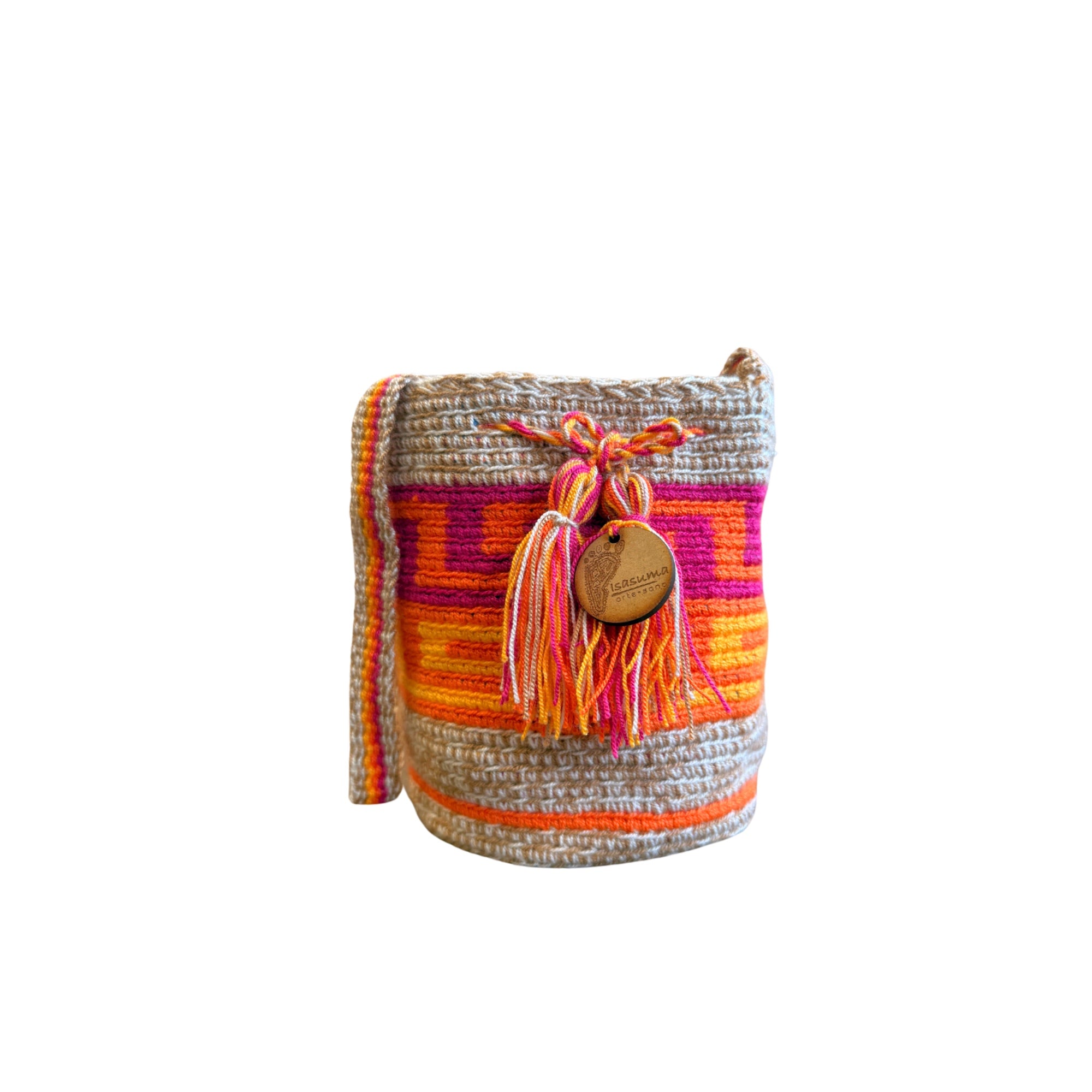 Mini Traditional Wayuu Mochila Bag | Woven Crossbody | Handmade | Beige and pink