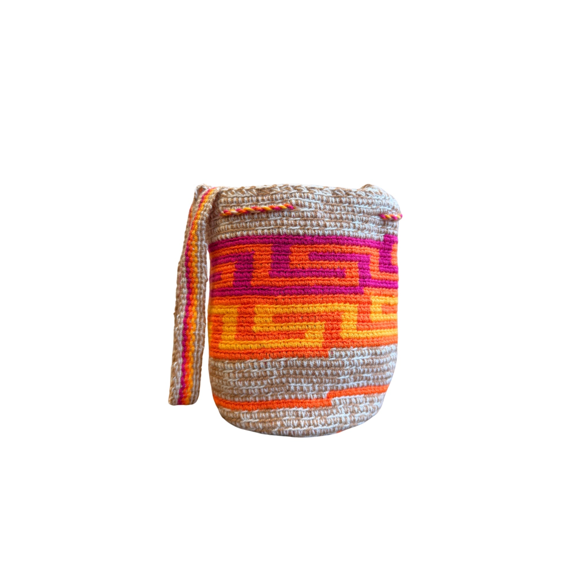 Mini Traditional Wayuu Mochila Bag | Woven Crossbody | Handmade | Beige and pink