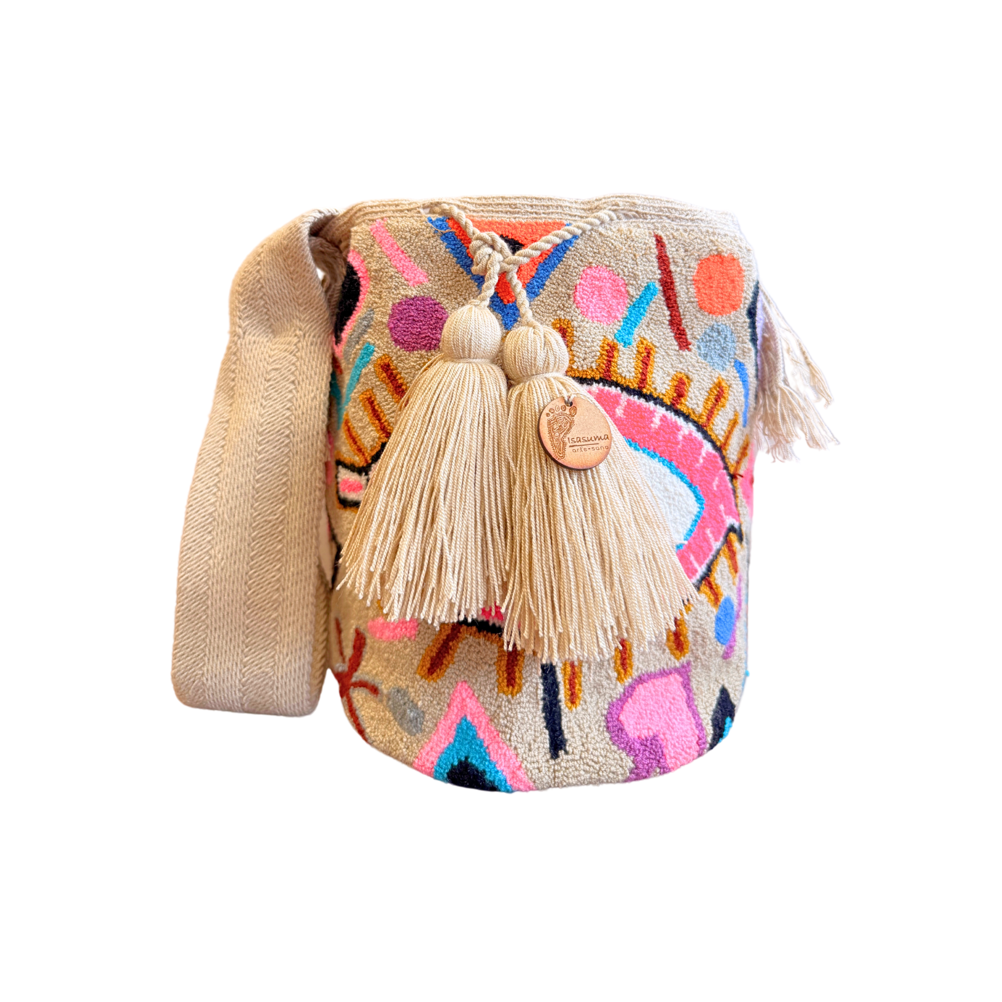 Wayuu Mochila Bag | Large Tapizada | Beige and Pink Eye | Handmade in Colombia