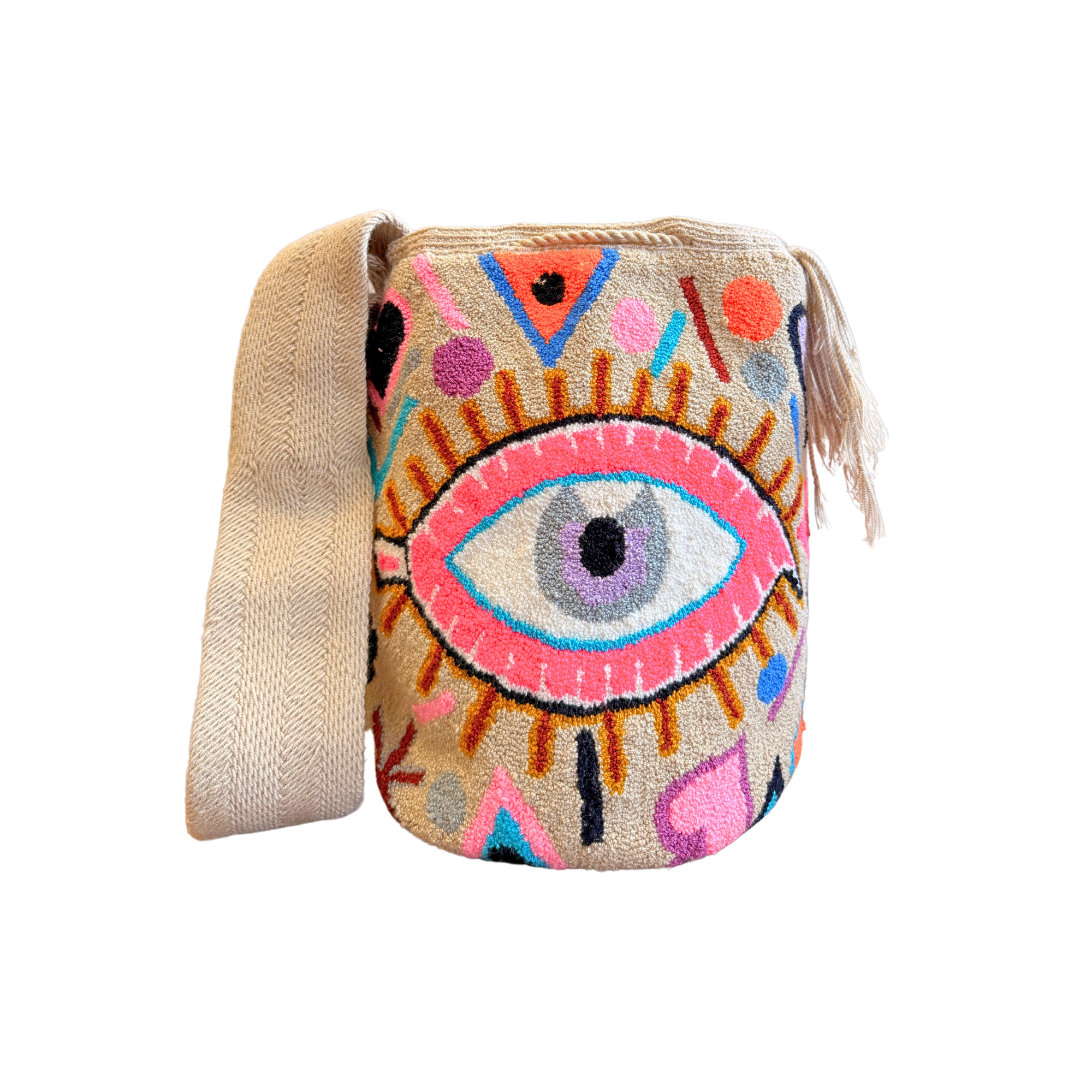 Wayuu Mochila Bag | Large Tapizada | Beige and Pink Eye | Handmade in Colombia