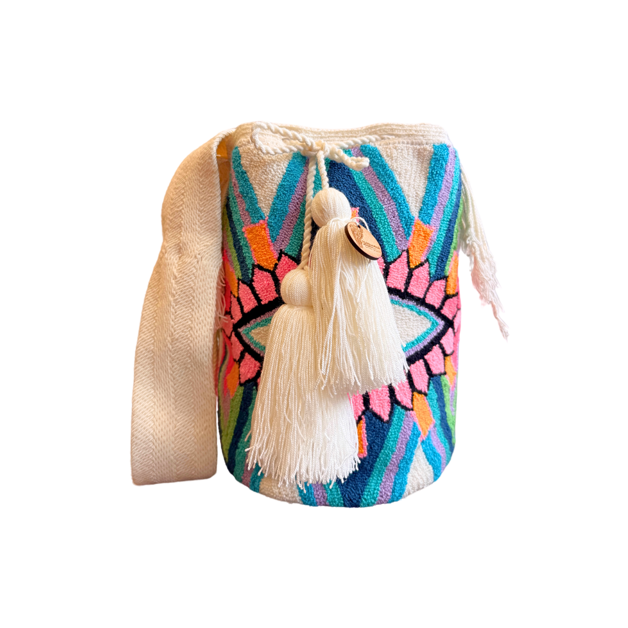 Wayuu Mochila Bag | Large Tapizada | White, Blue and Pink Eye | Handmade in Colombia