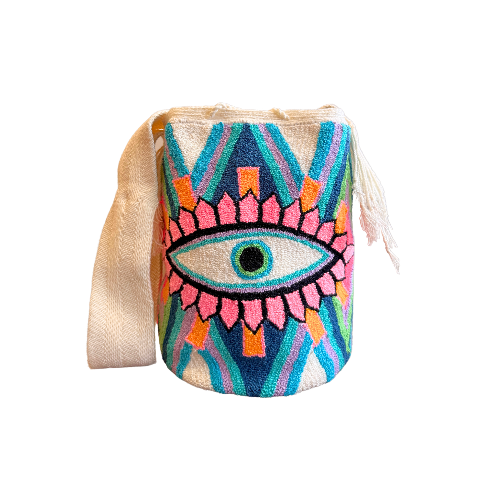 Wayuu Mochila Bag | Large Tapizada | White, Blue and Pink Eye | Handmade in Colombia