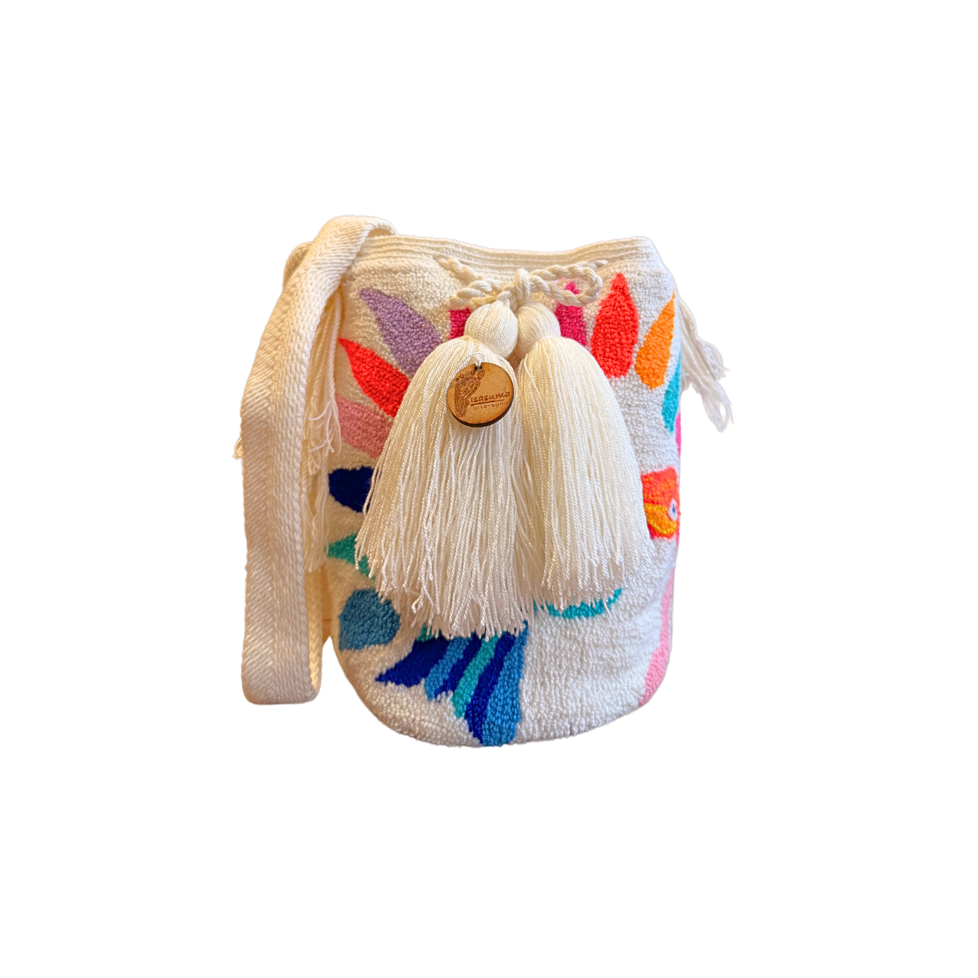Medium White and Colorful Bird Tapizada Wayuu Mochila Bag | Lined Punch Needle Crossbody Shoulder Bag | Handmade in Colombia