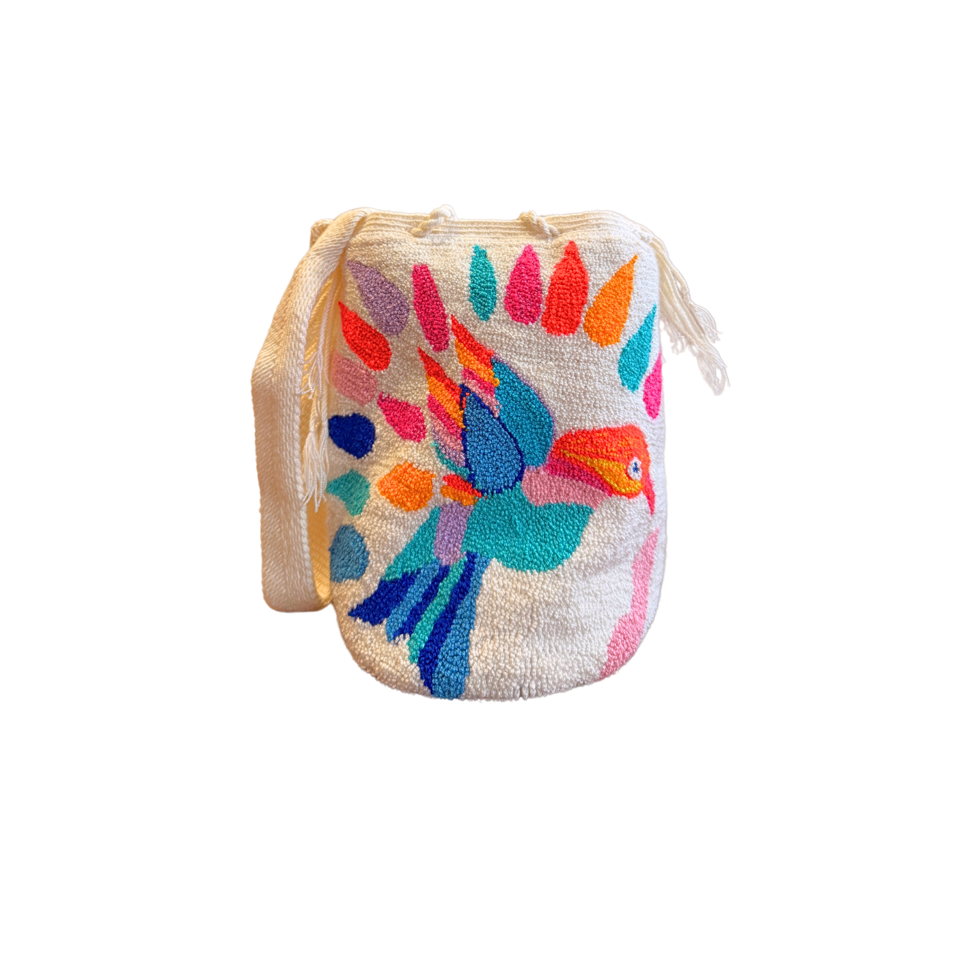 Medium White and Colorful Bird Tapizada Wayuu Mochila Bag | Lined Punch Needle Crossbody Shoulder Bag | Handmade in Colombia