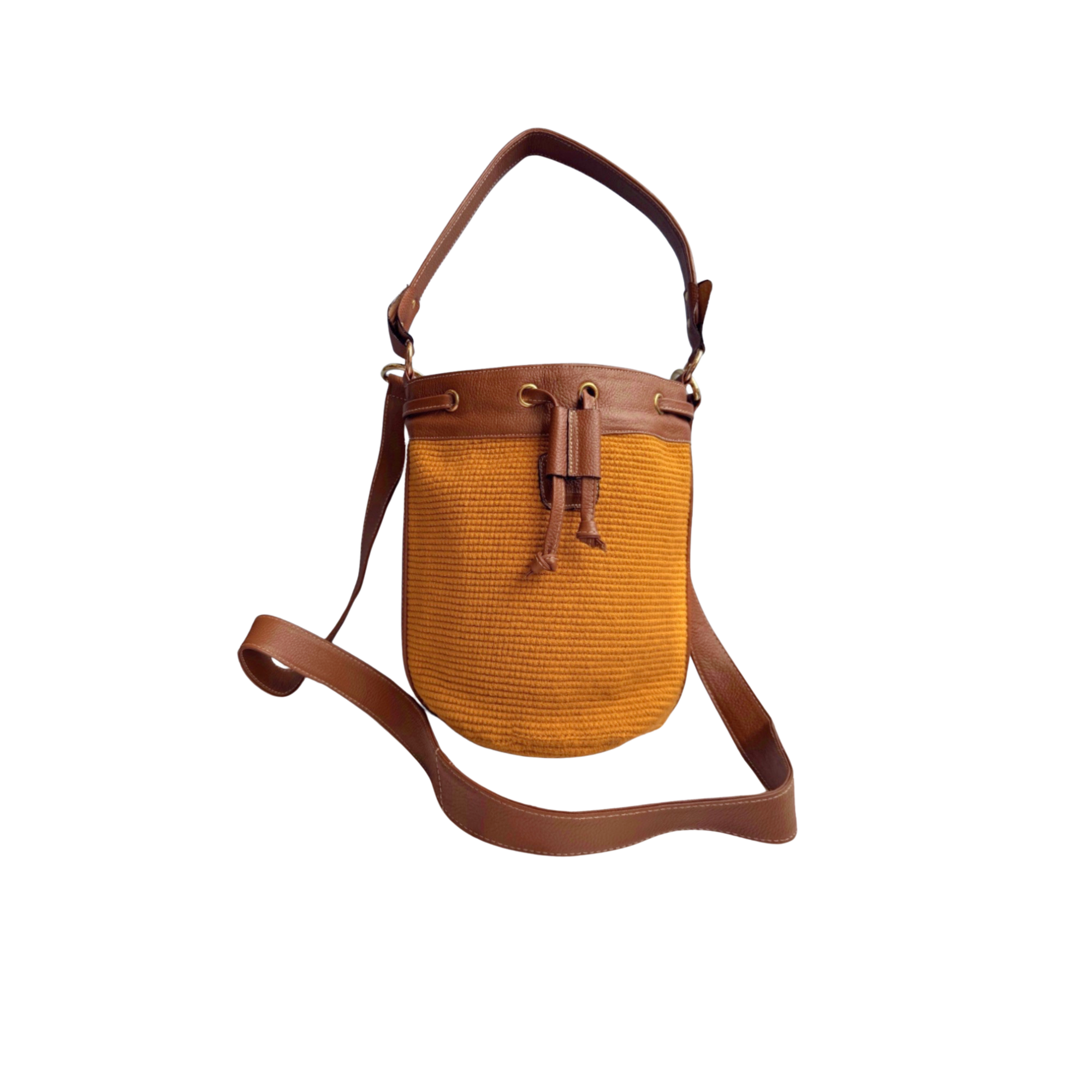 Wayuu mochila bag with leather | Medium Woven Crossbody Handmade | Mustard and Brown