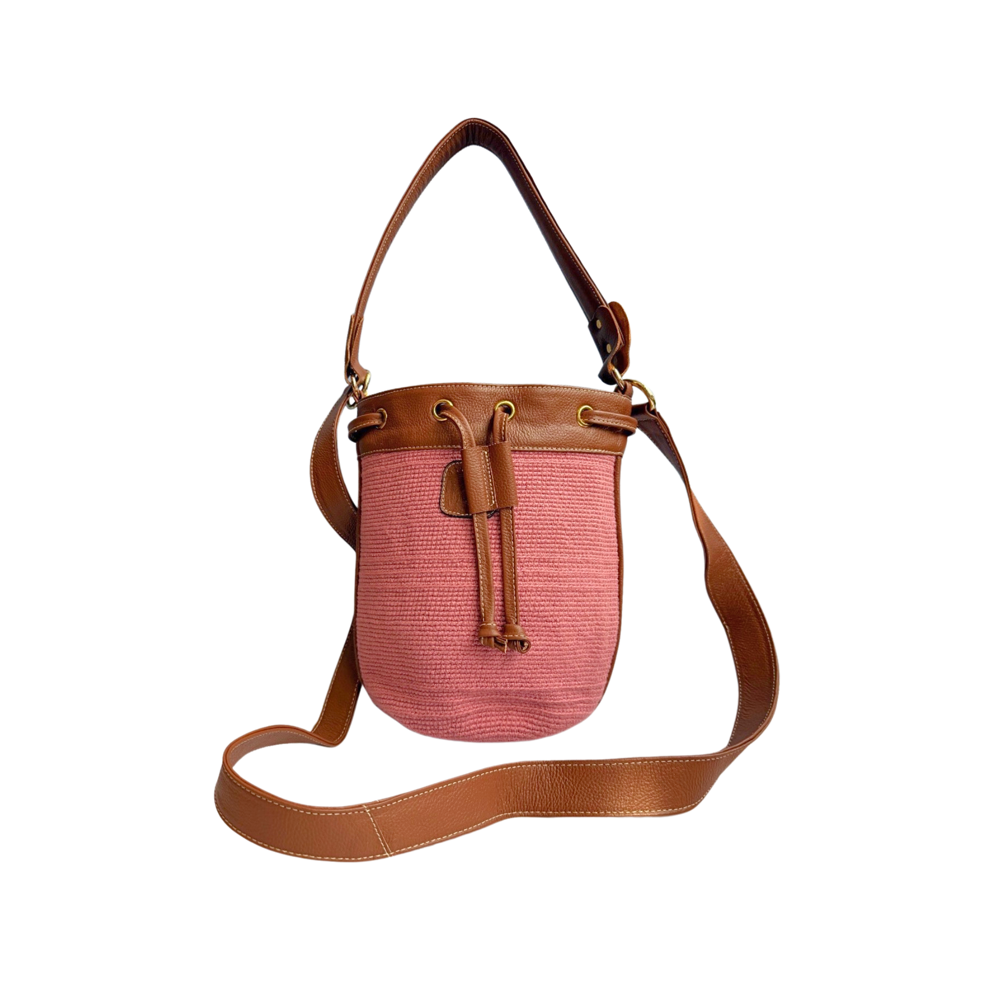 Wayuu mochila bag with leather | Medium Woven Crossbody Handmade | Coral and brown