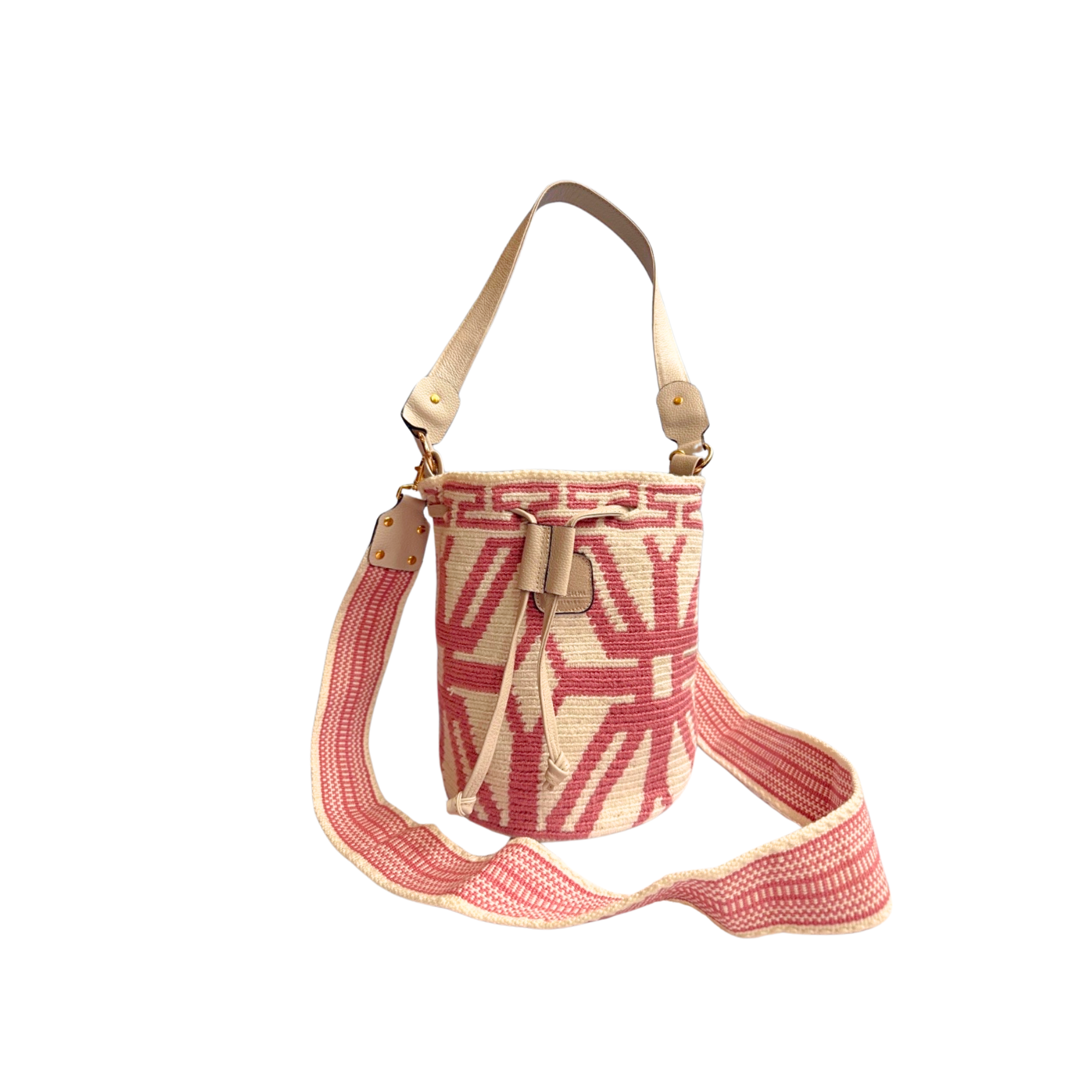 Wayuu mochila bag with leather | Medium Woven Crossbody Handmade | Beige and Coral