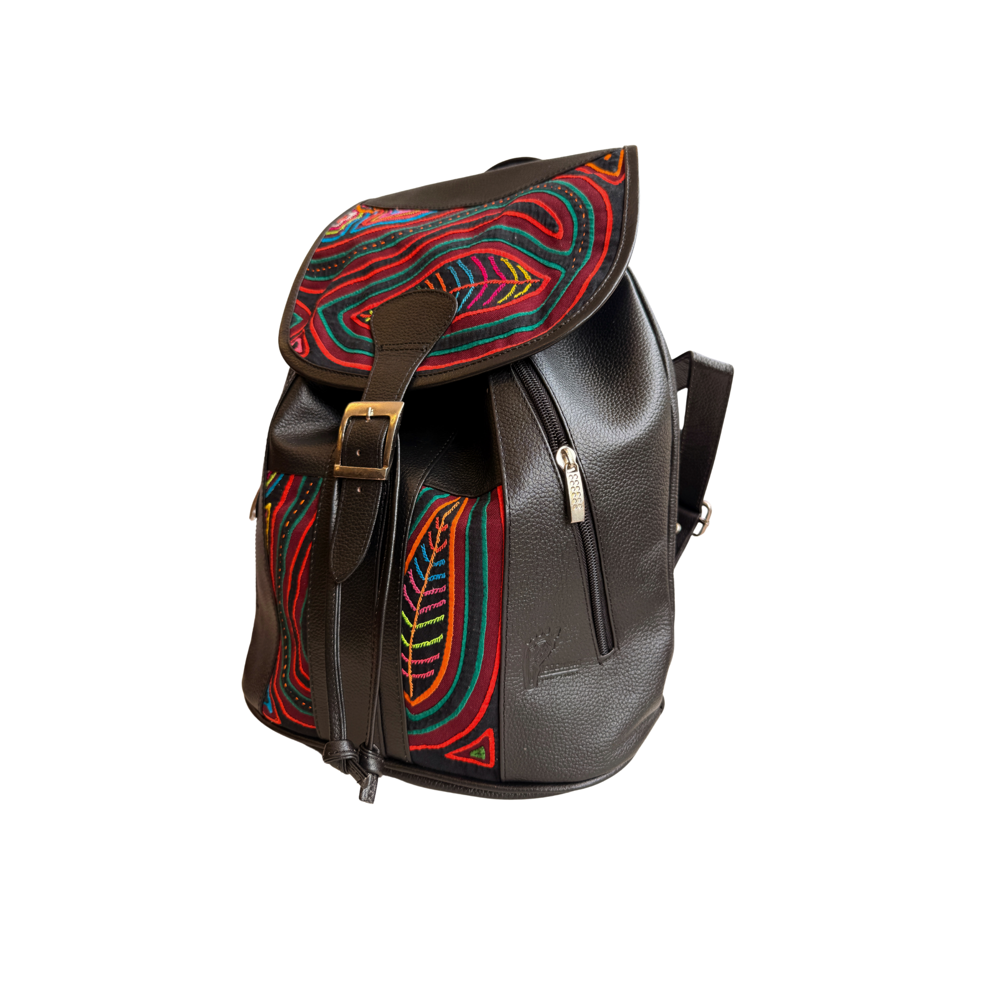 Handcrafted Mola and Leather Backpack I Handmade I Black