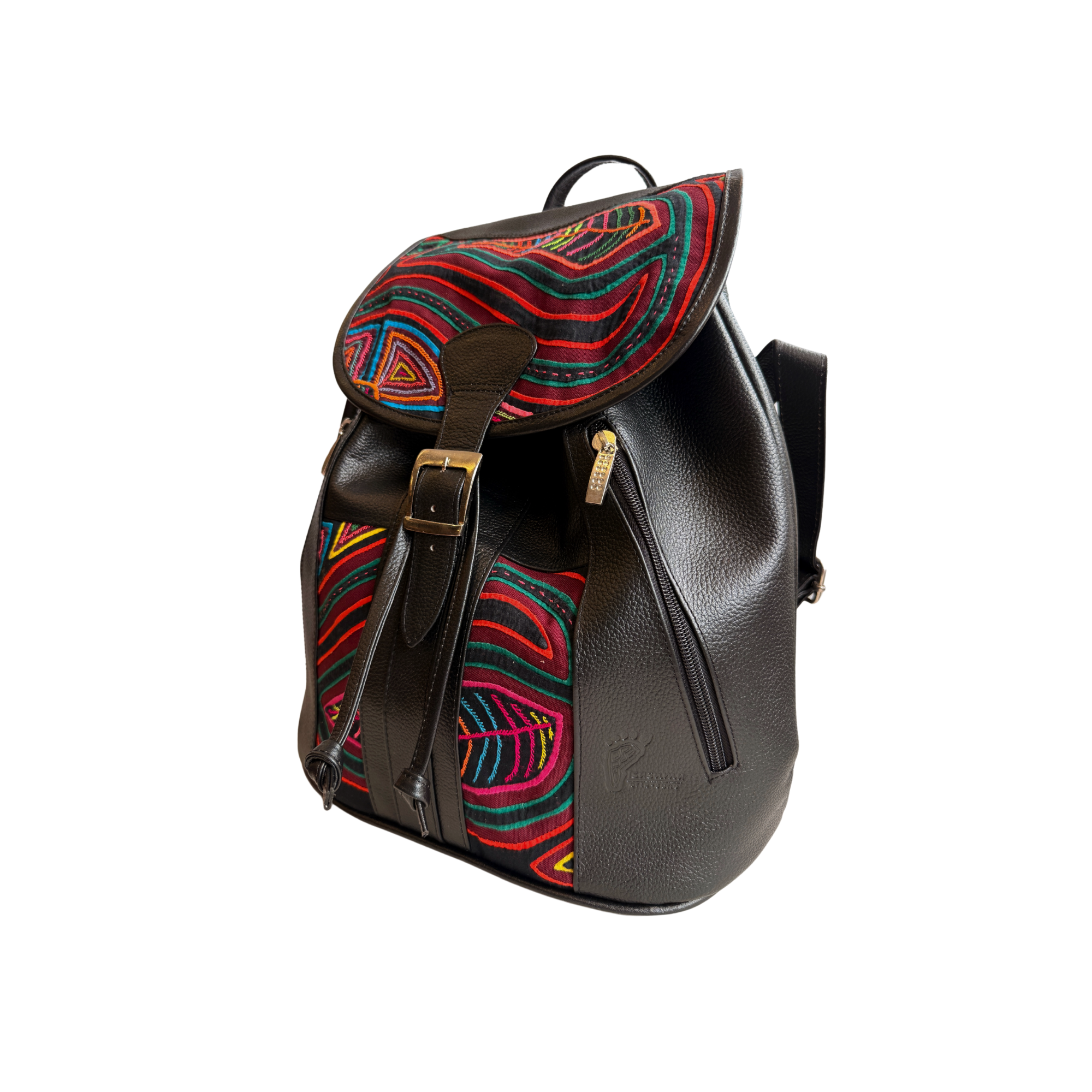 Handcrafted Mola and Leather Backpack I Handmade I Black