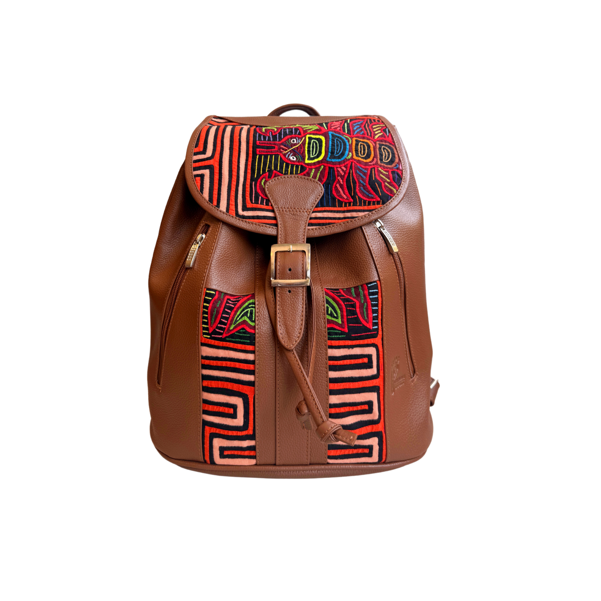 Handcrafted Mola and Leather Backpack I Handmade I Caramel