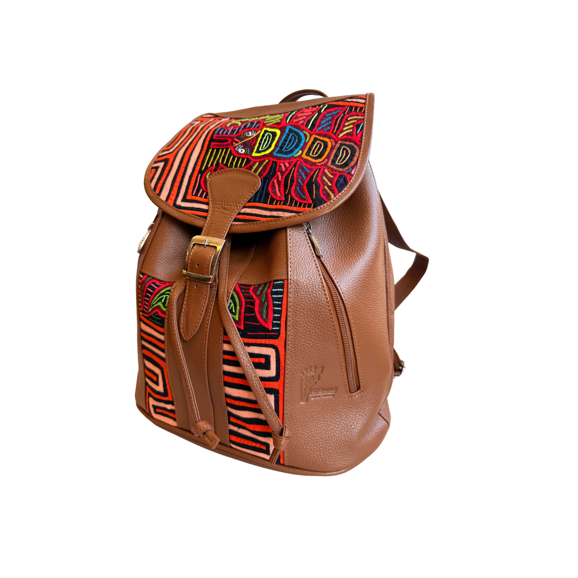 Handcrafted Mola and Leather Backpack I Handmade I Caramel