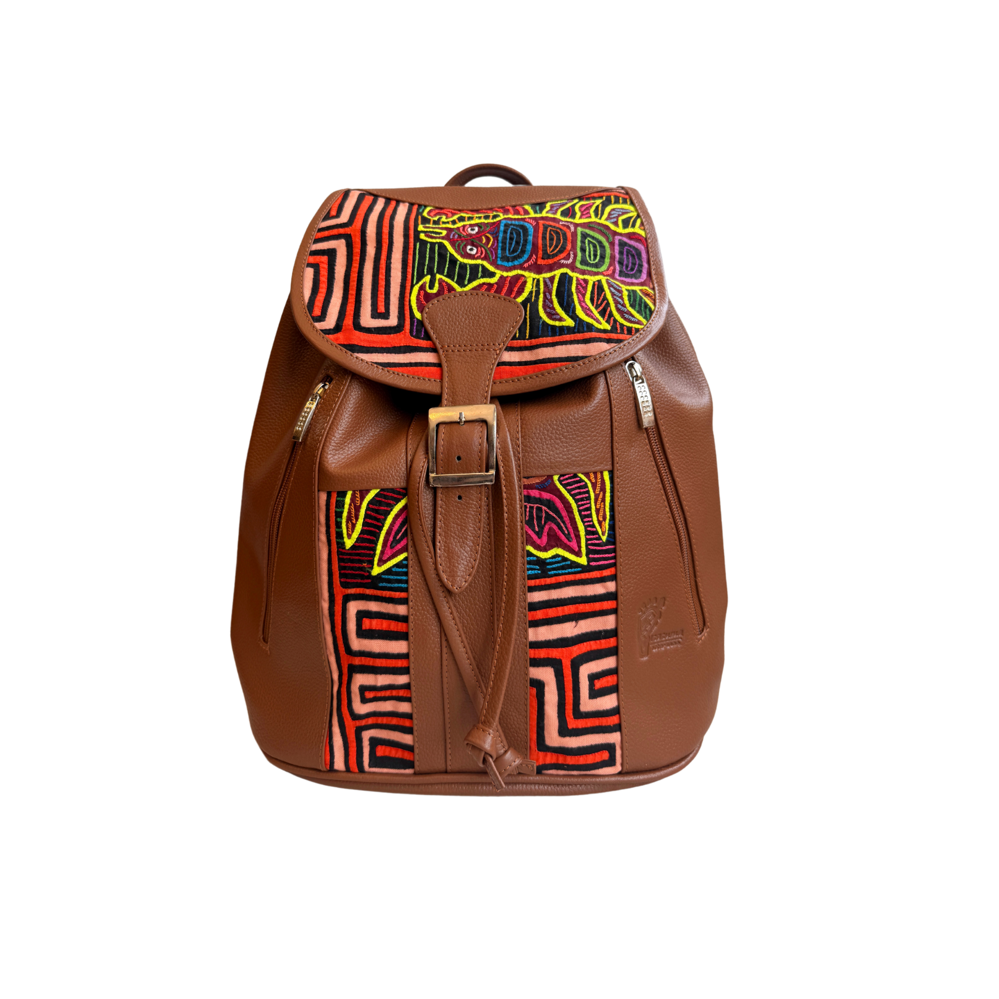 Handcrafted Mola and Leather Backpack I Handmade I Caramel