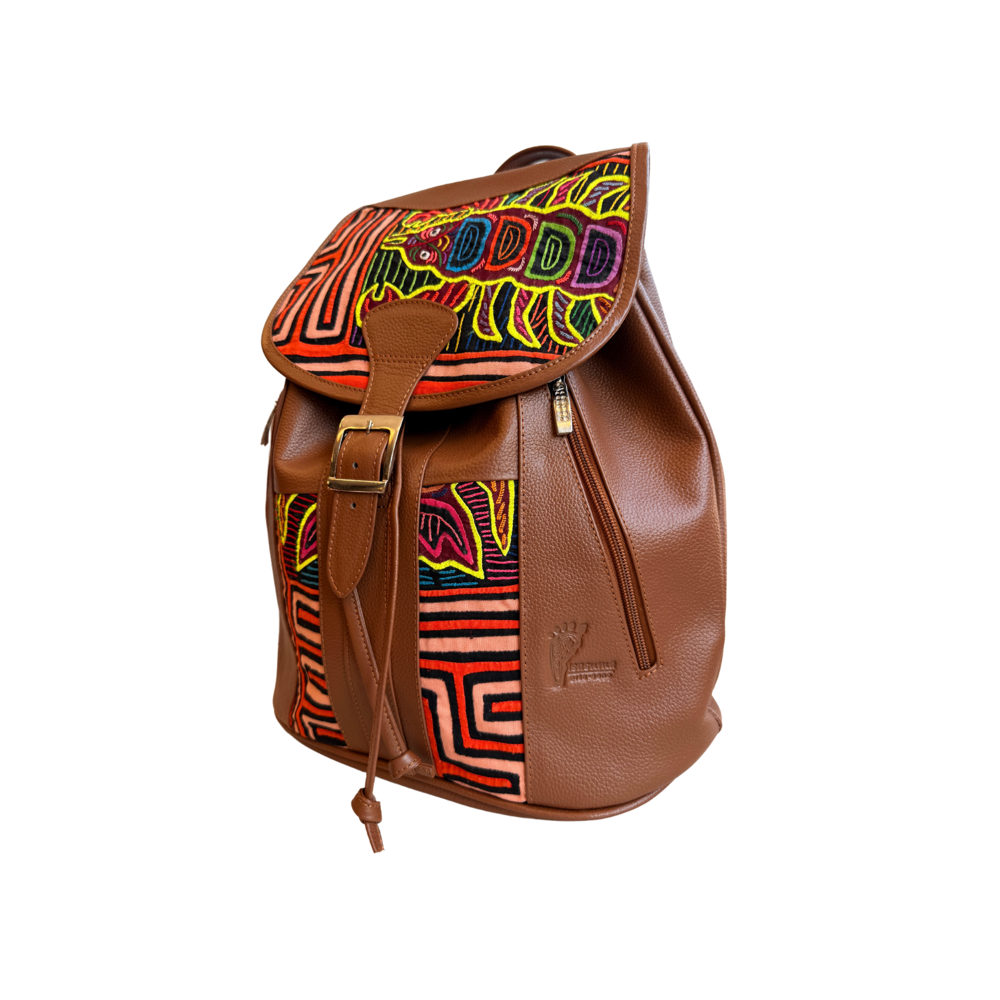 Handcrafted Mola and Leather Backpack I Handmade I Caramel
