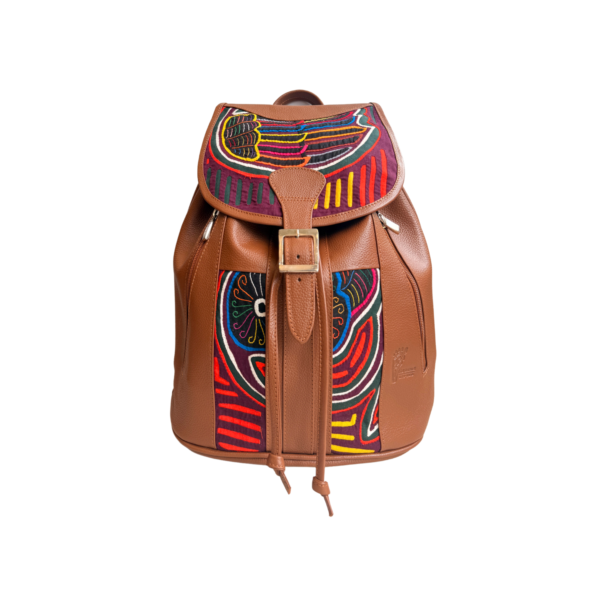 Handcrafted Mola and Leather Backpack I Handmade I Caramel