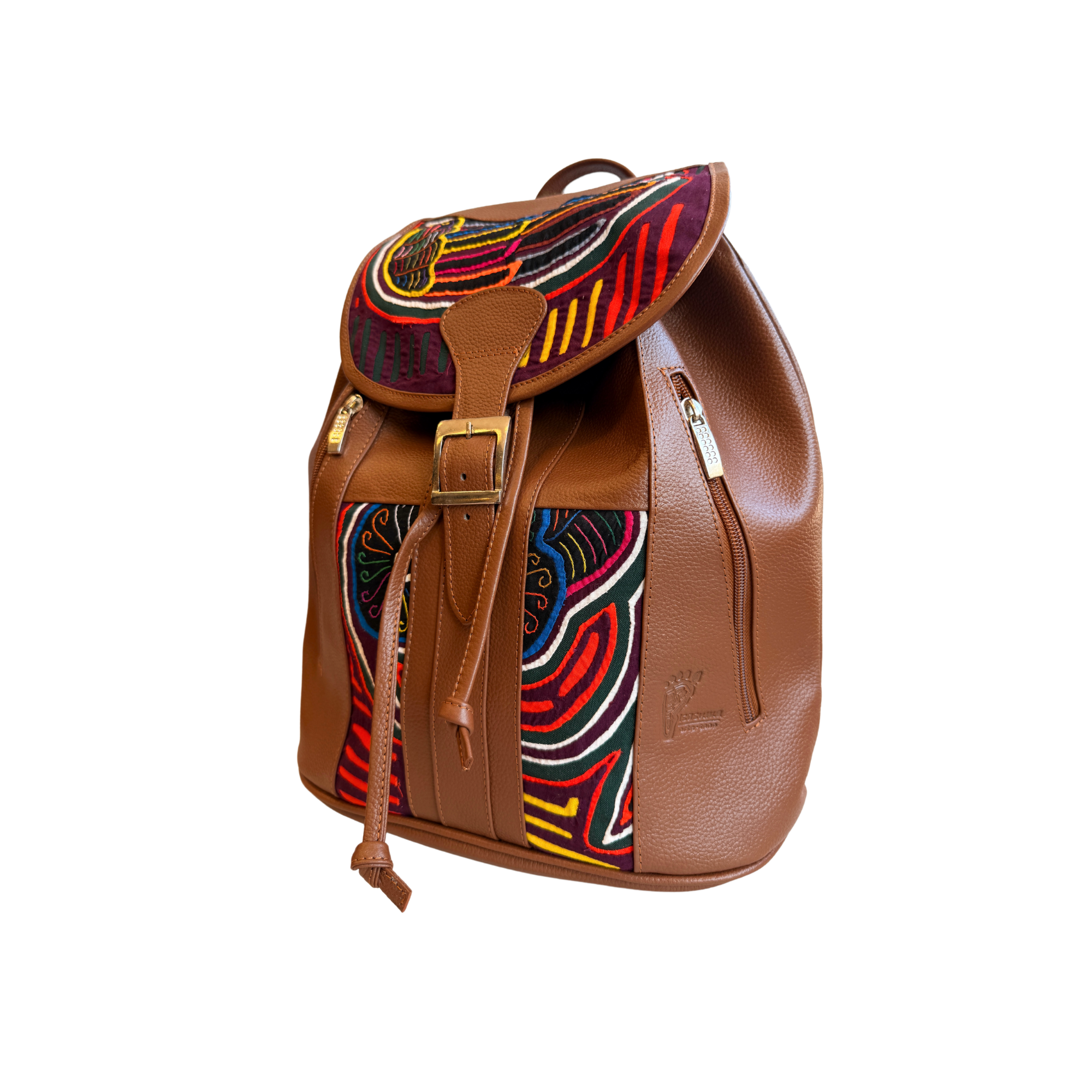 Handcrafted Mola and Leather Backpack I Handmade I Caramel