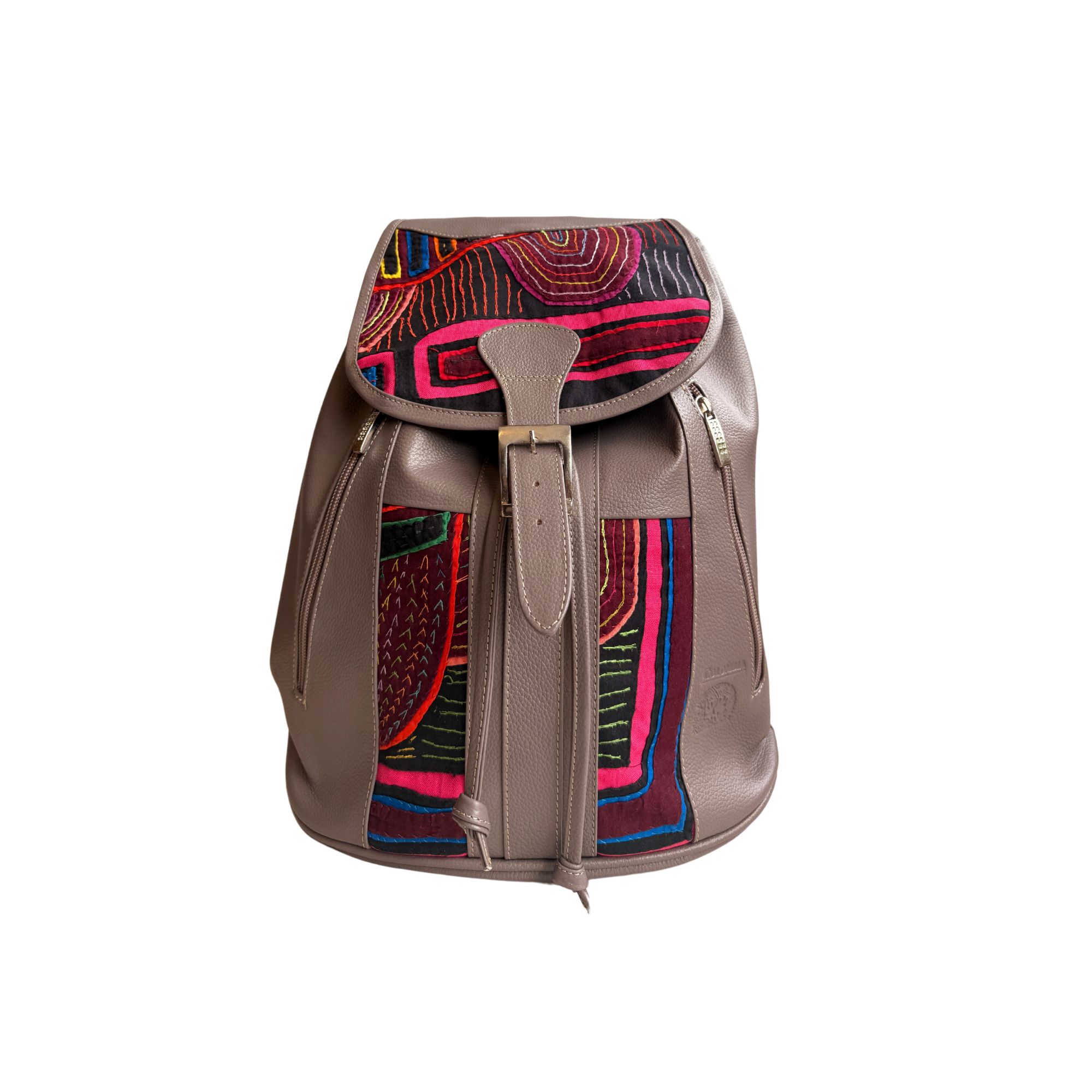 Handcrafted Mola and Leather Backpack I Handmade I Grey