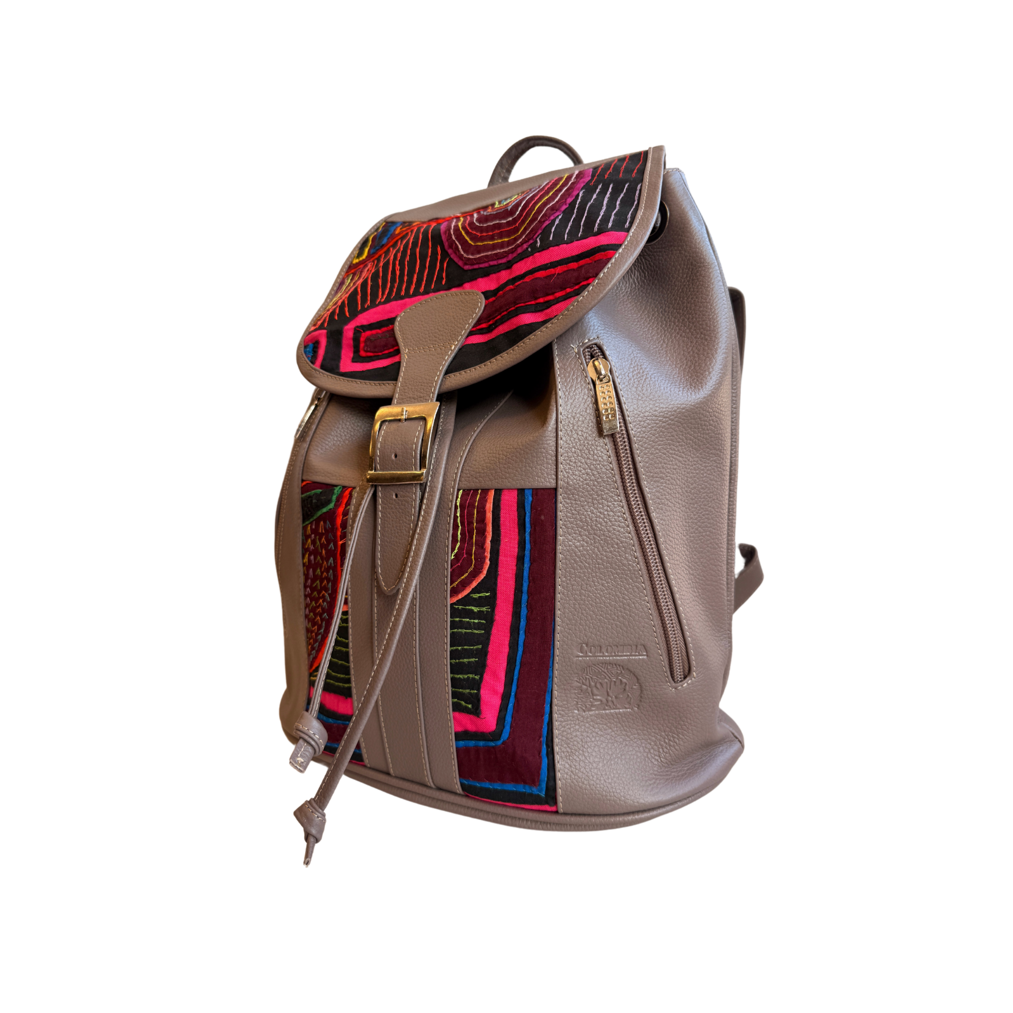 Handcrafted Mola and Leather Backpack I Handmade I Grey