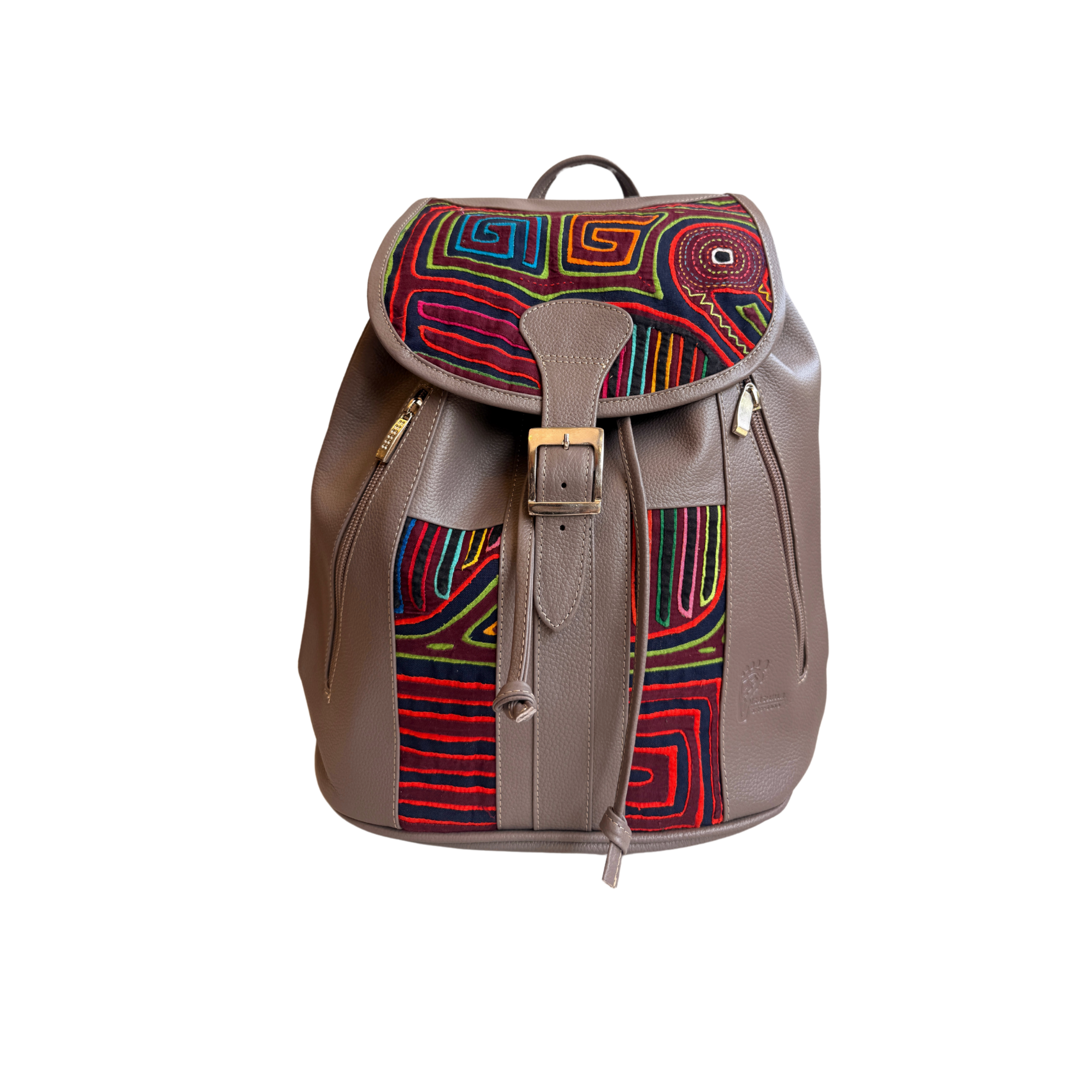 Handcrafted Mola and Leather Backpack I Handmade I Grey