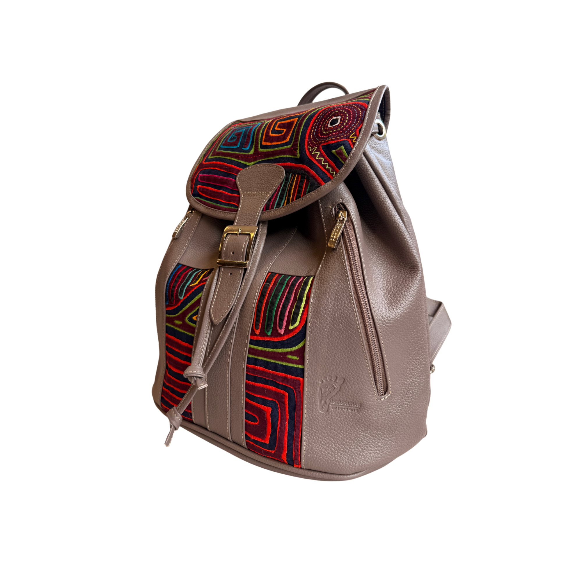 Handcrafted Mola and Leather Backpack I Handmade I Grey