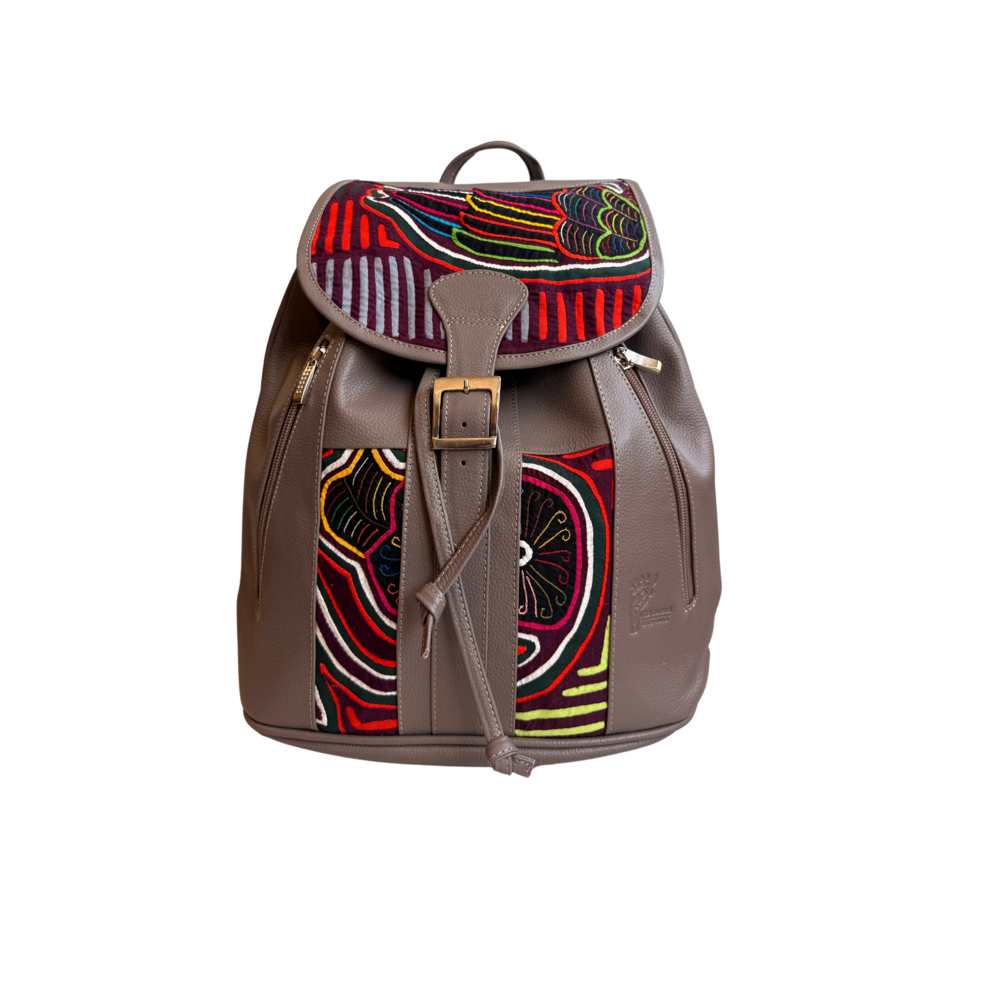 Handcrafted Mola and Leather Backpack I Handmade I Grey