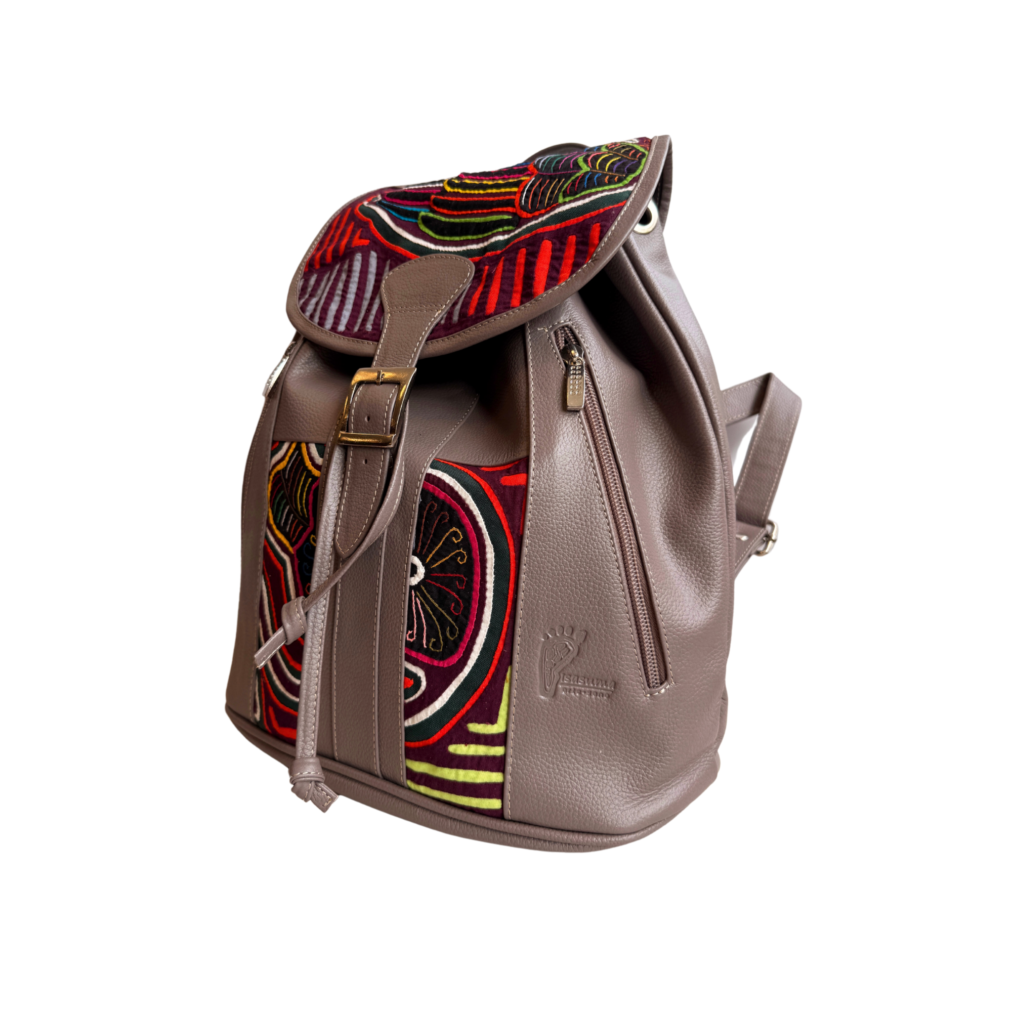 Handcrafted Mola and Leather Backpack I Handmade I Grey