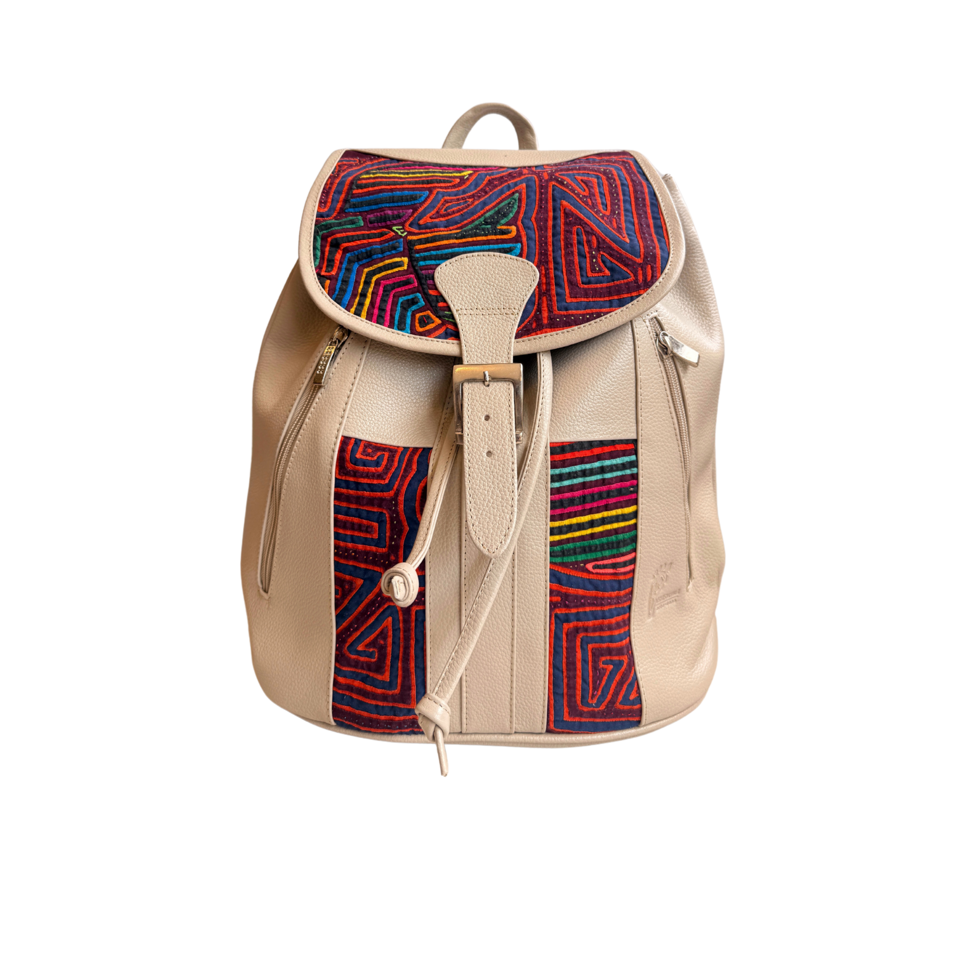 Handcrafted Mola and Leather Backpack I Handmade I Cream