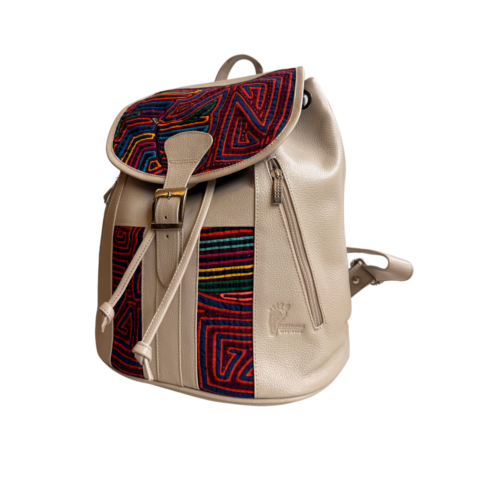 Handcrafted Mola and Leather Backpack I Handmade I Cream