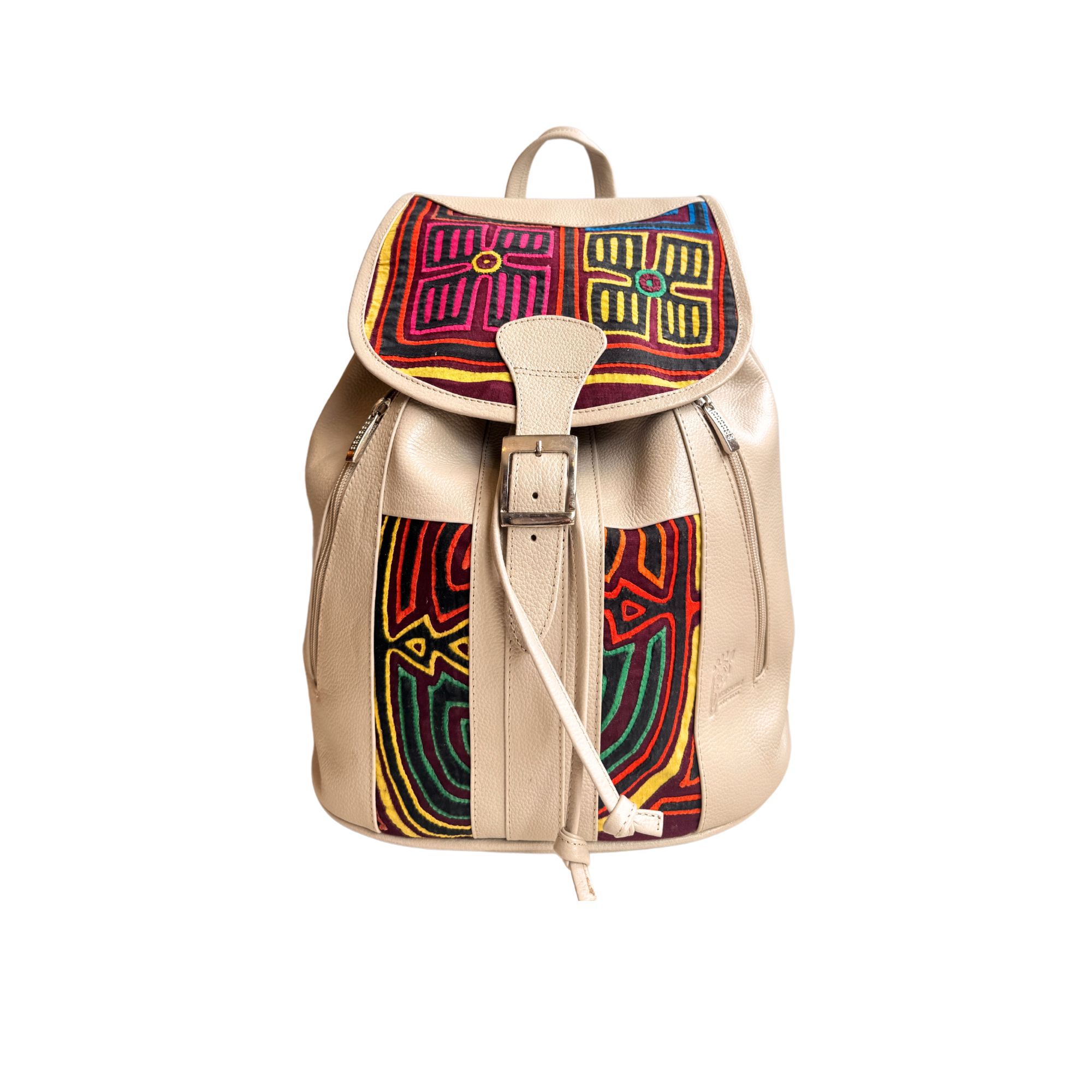 Handcrafted Mola and Leather Backpack I Handmade I Cream 